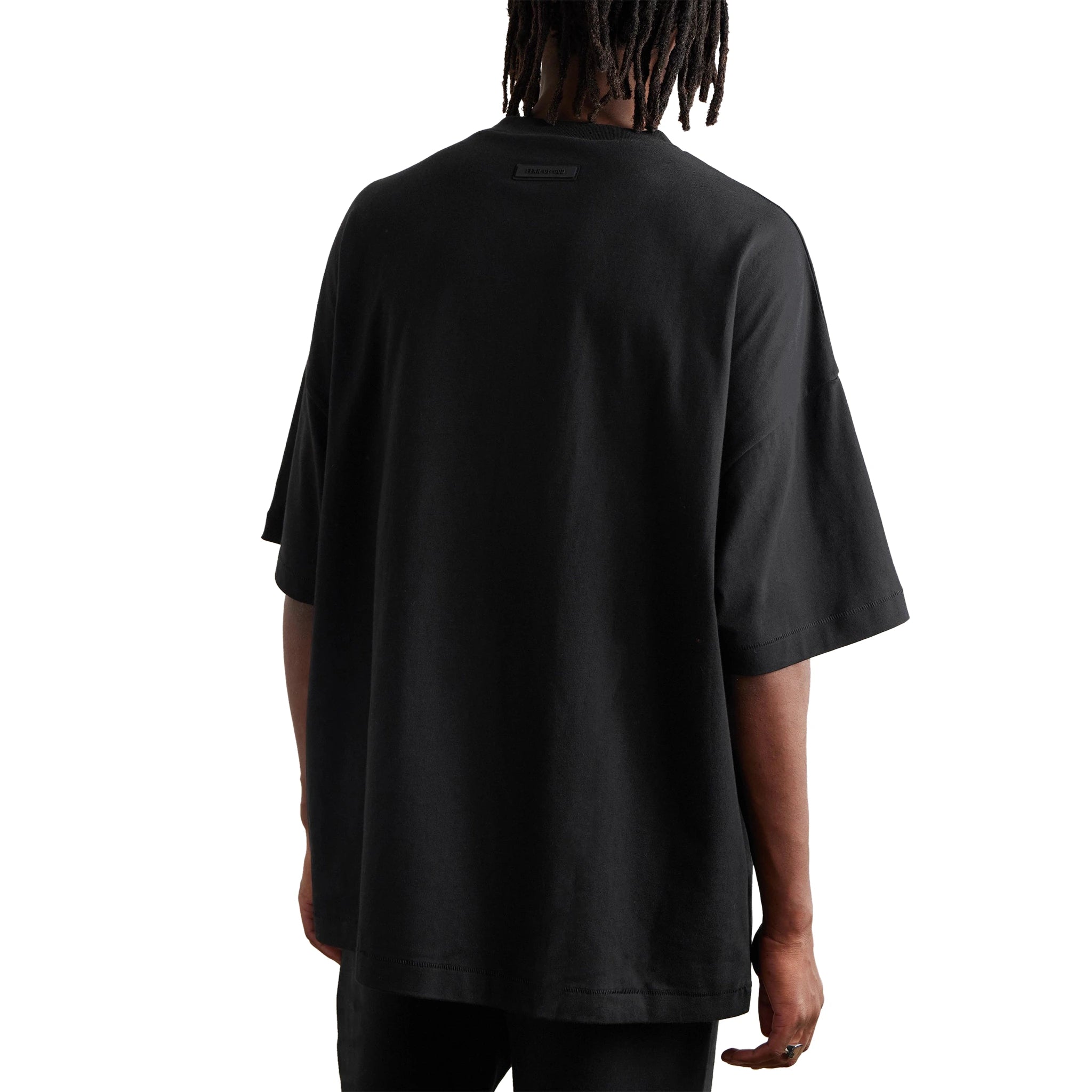 Model back view of Fear Of God Essentials Jet Black T Shirt (FW23) 125BT232000F