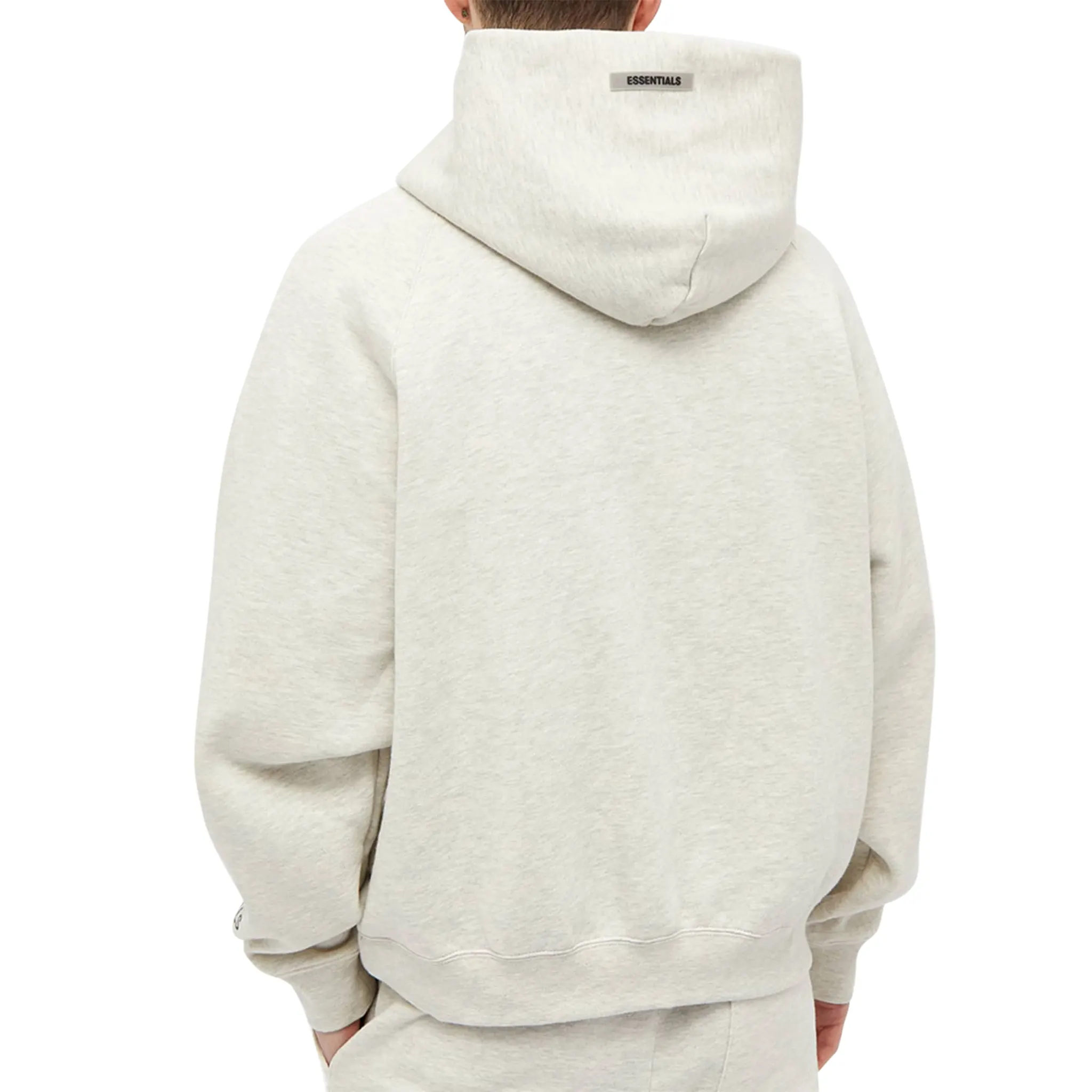 Model back view of Fear Of God Essentials Oatmeal Hoodie