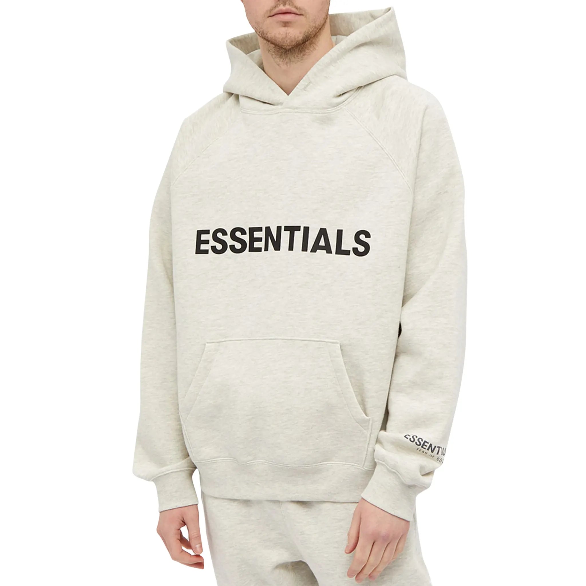 Model front view of Fear Of God Essentials Oatmeal Hoodie