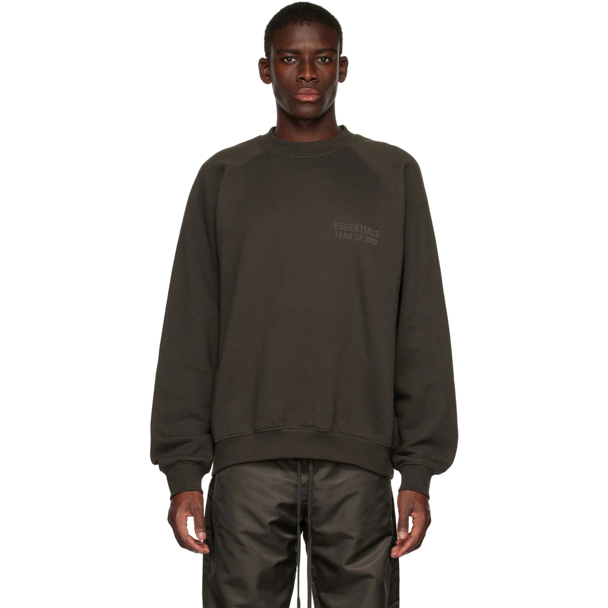 Model front view of Fear Of God Essentials Off Black Sweatshirt (SS23) 192BT222040F