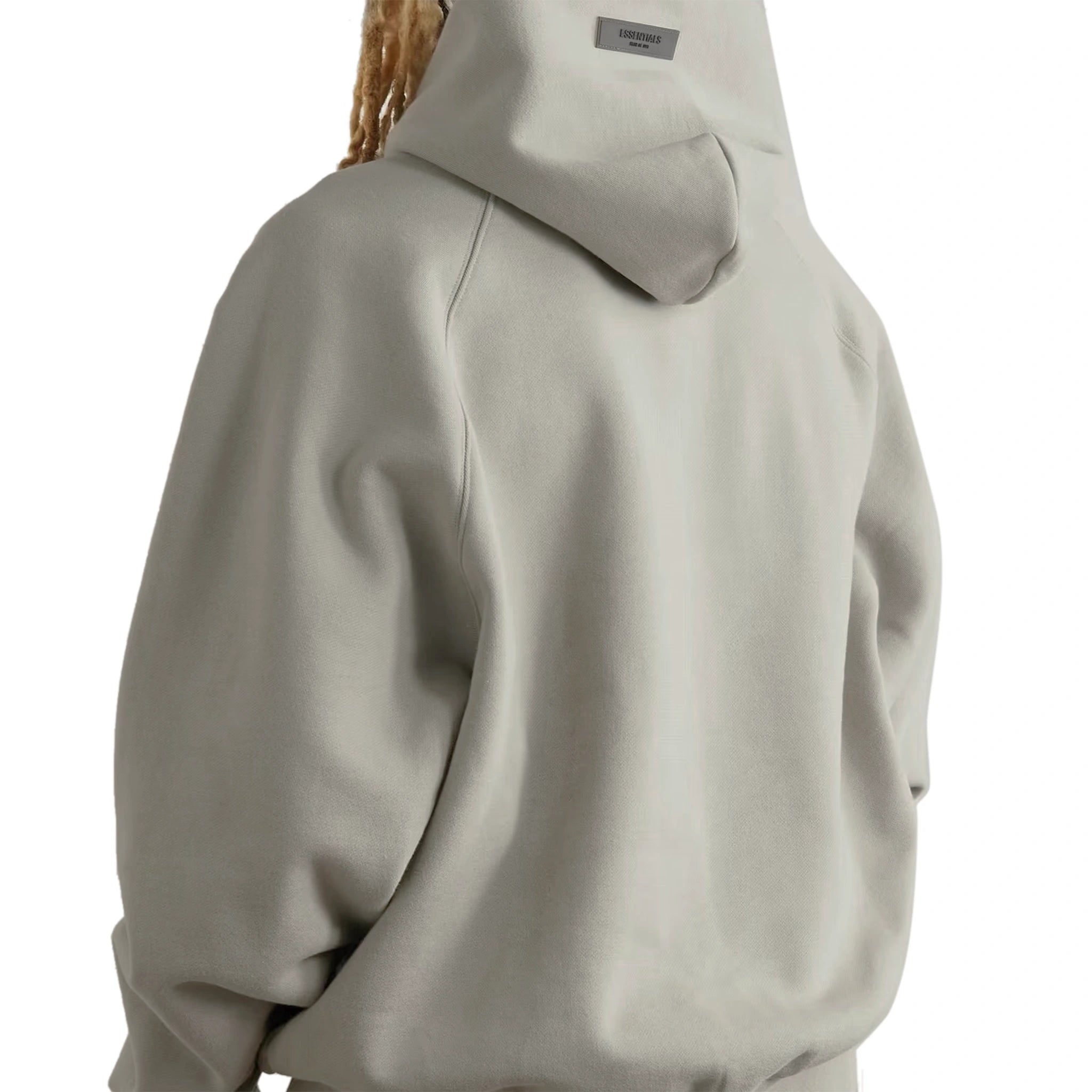 Model back view of Fear of God Essentials Seal Hoodie (SS23) 192BT222053F