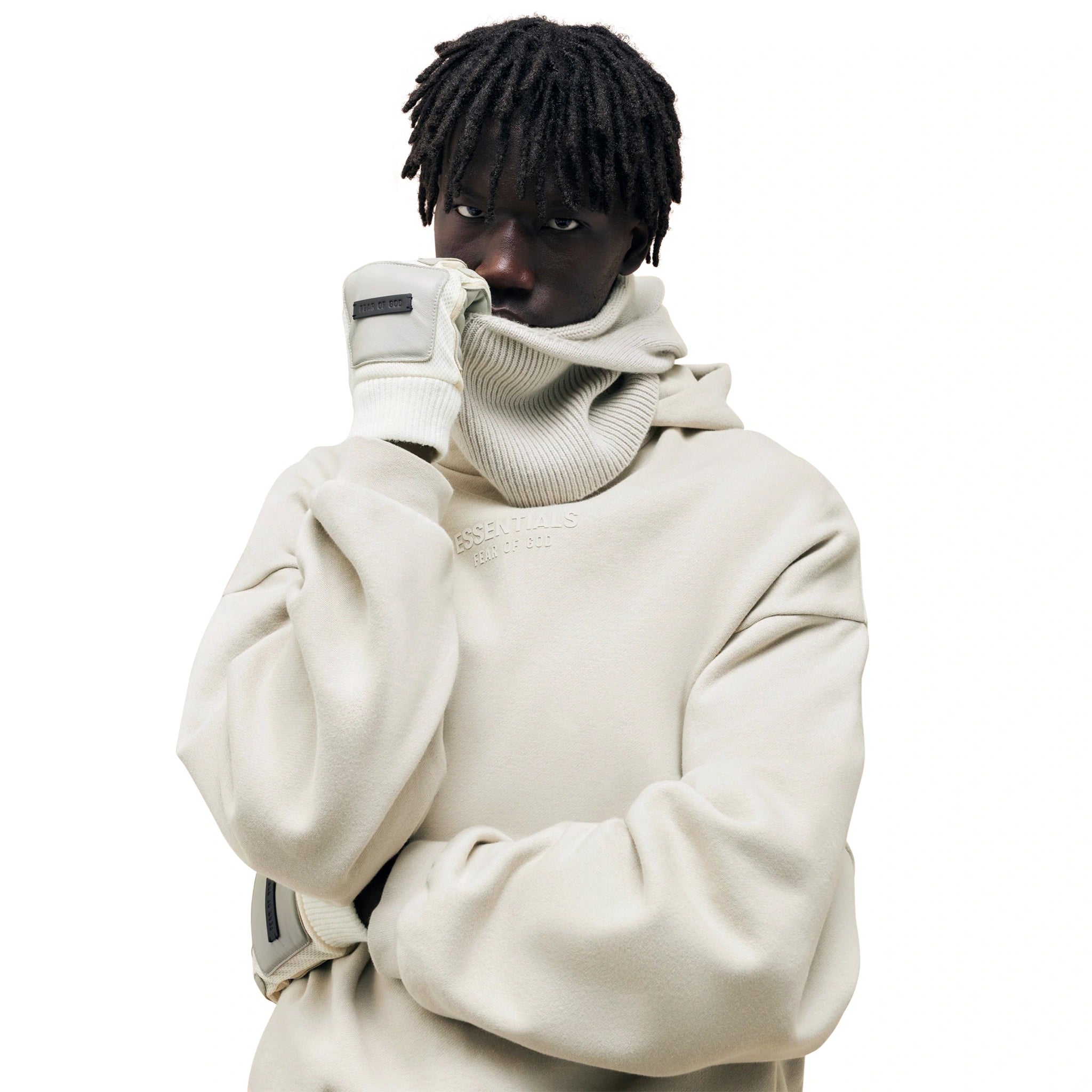 Model front view of Fear Of God Essentials Silver Cloud Hoodie (FW23)