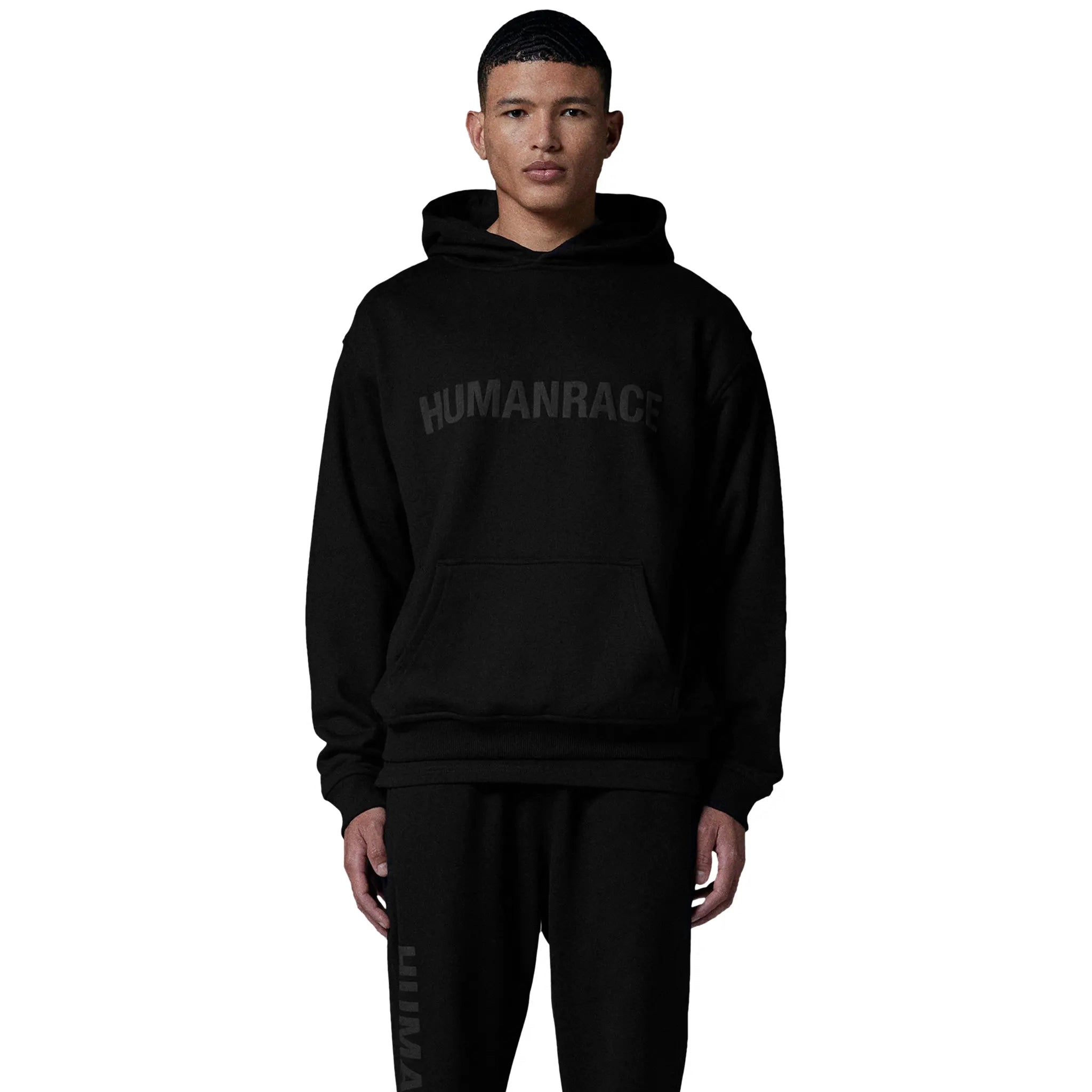 Model front view of Human Race Human Jet Black Hoodie