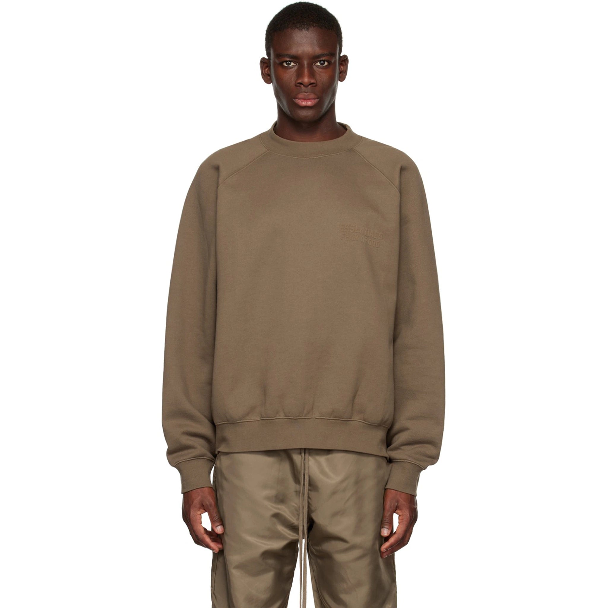 Model front view of Fear Of God Essentials Wood Crewneck (FW22)