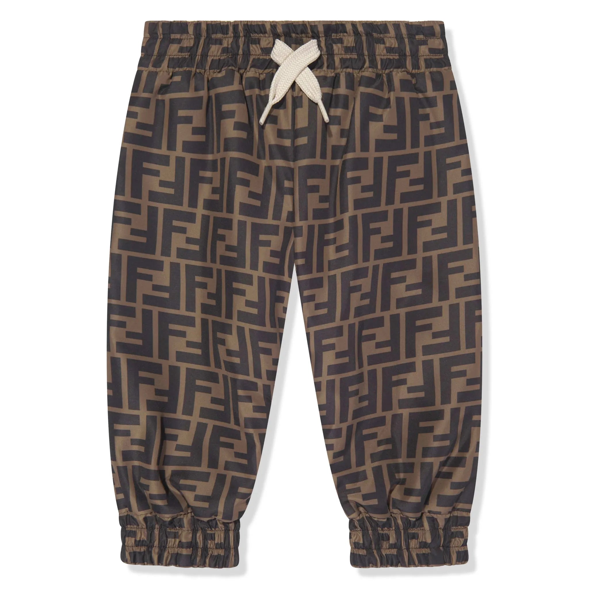 Front View of Fendi Baby FF Logo Reversible Brown Sweatpants FENS4013340245
