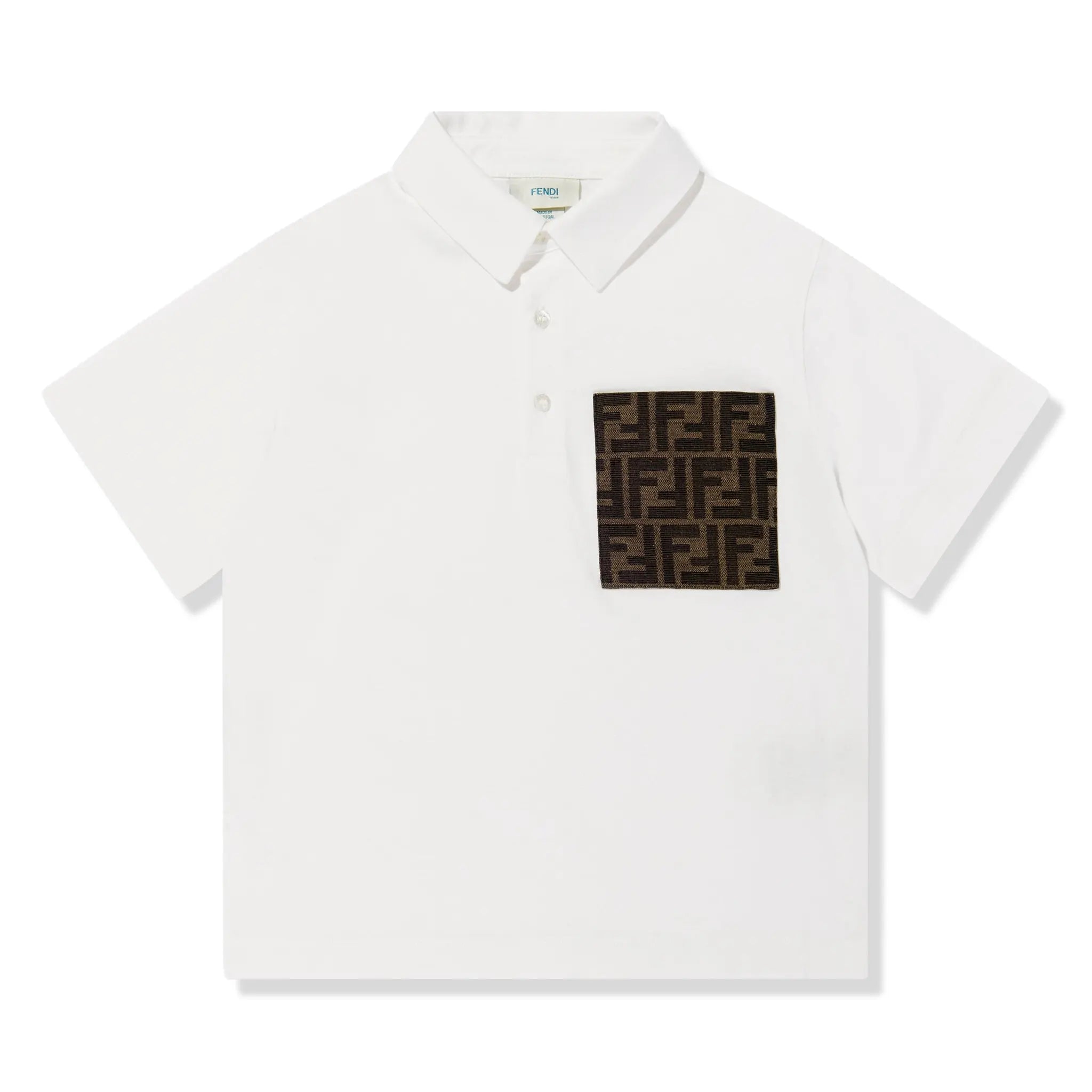 Front View of Fendi Boys FF Pocket White Polo Shirt JMI3997AJF0TU9