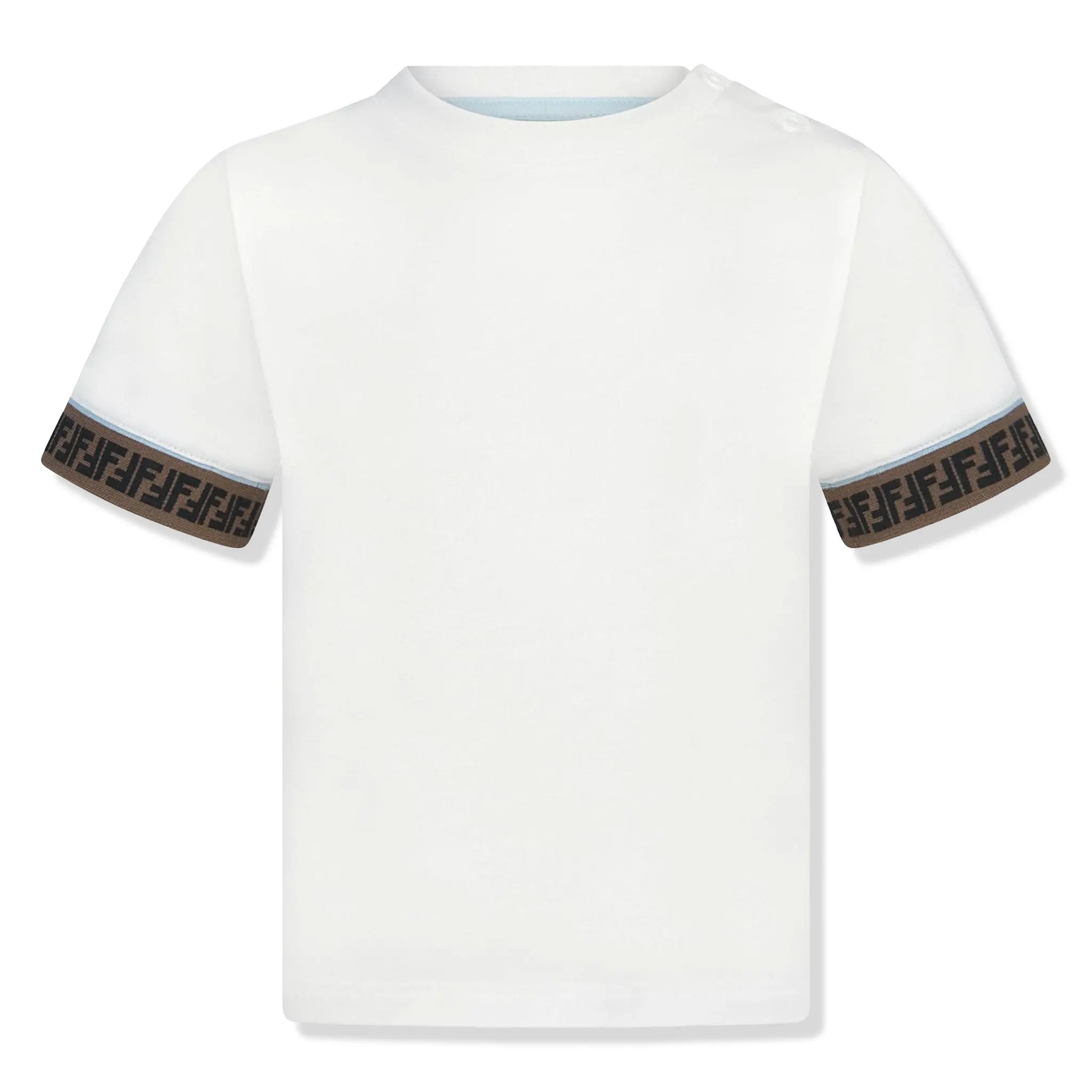 Front View of Fendi FF Logo Baby Boys Trim White T Shirt FENS1017107104