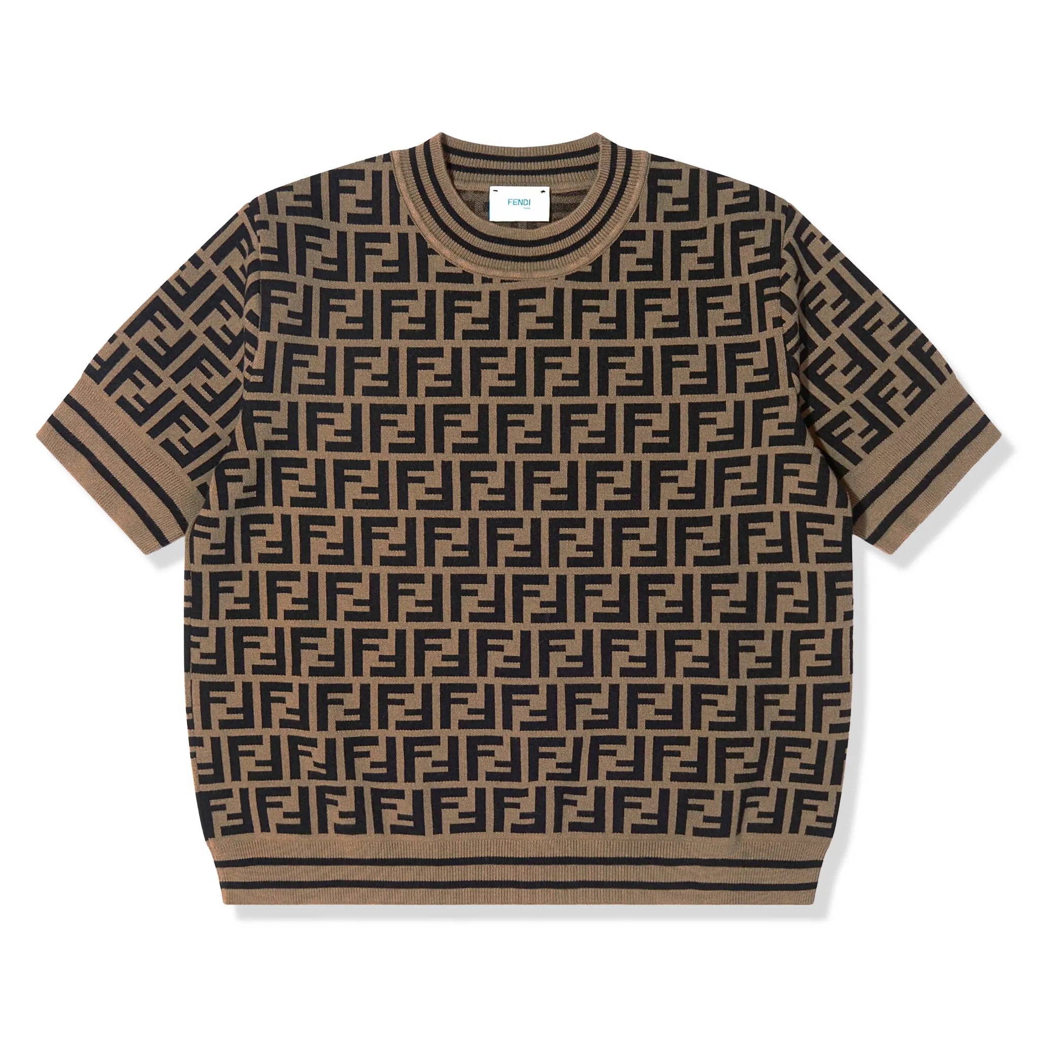 Front View of Fendi FF Logo Girls Knitted Brown T Shirt FENA1044118125