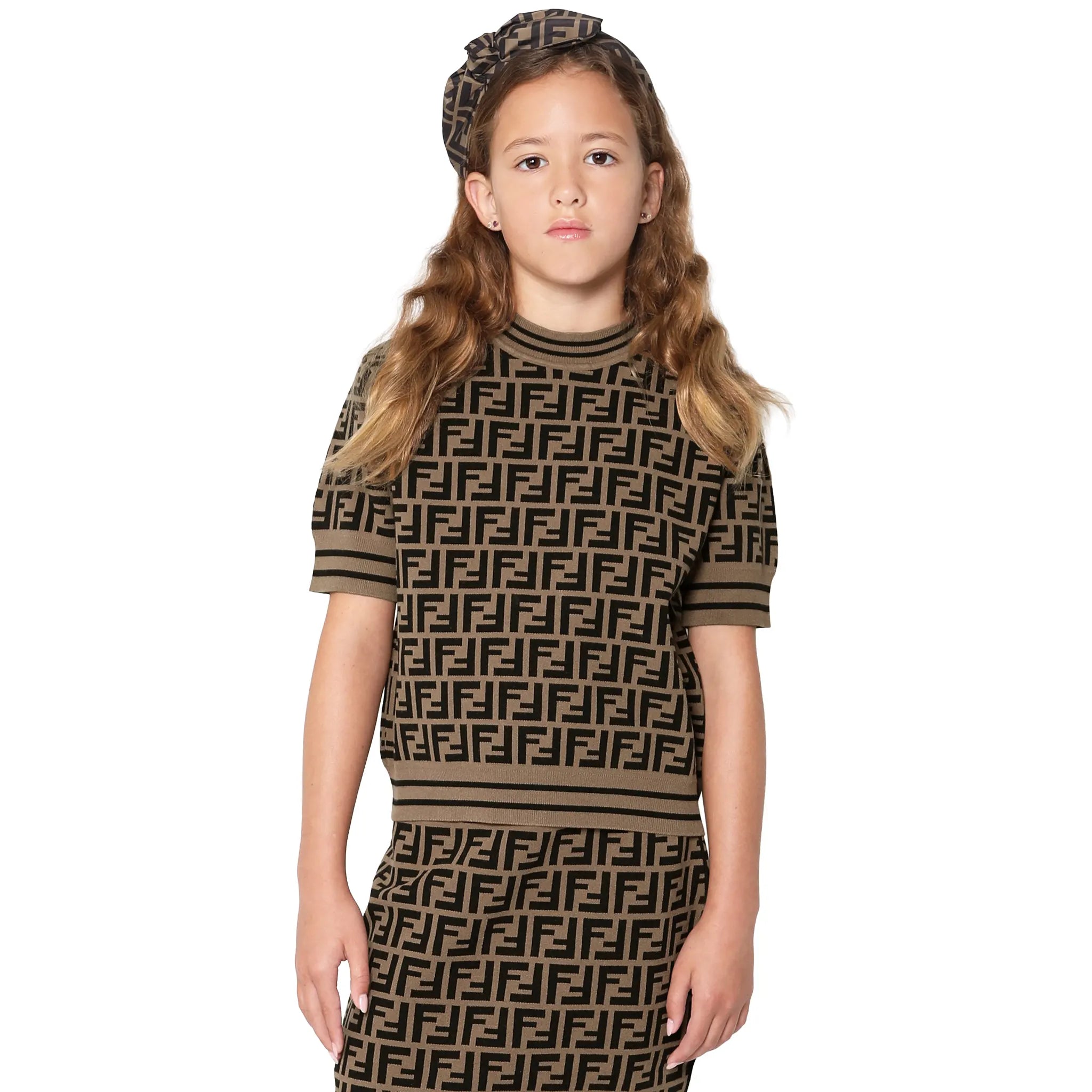Girl View of Fendi FF Logo Girls Knitted Brown T Shirt FENA1044118125