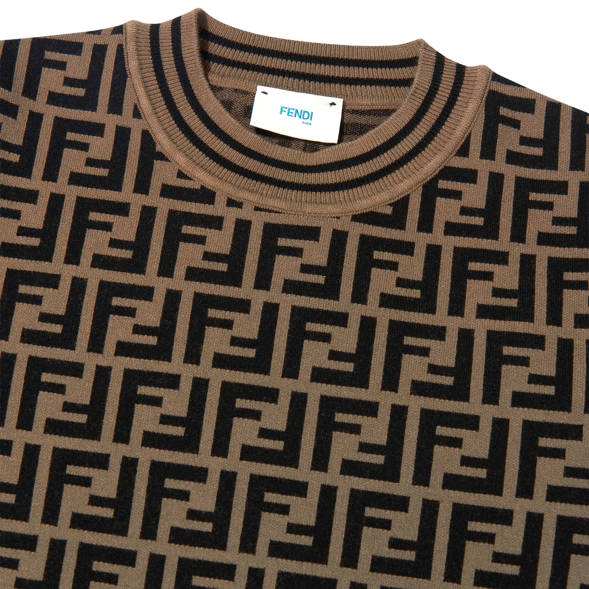 Neck View of Fendi FF Logo Girls Knitted Brown T Shirt FENA1044118125