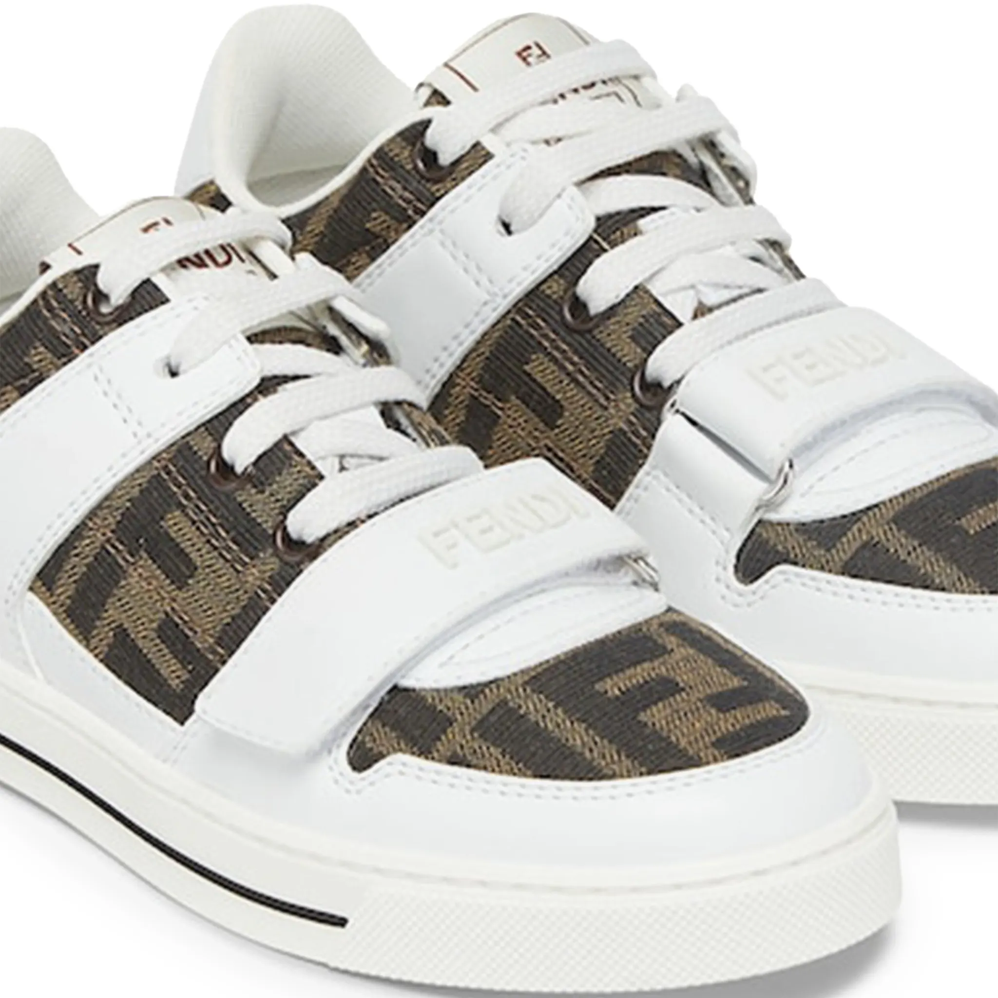 Detailed View of Fendi Kids Leather Jacquard Logo White Trainers FENS5093369275