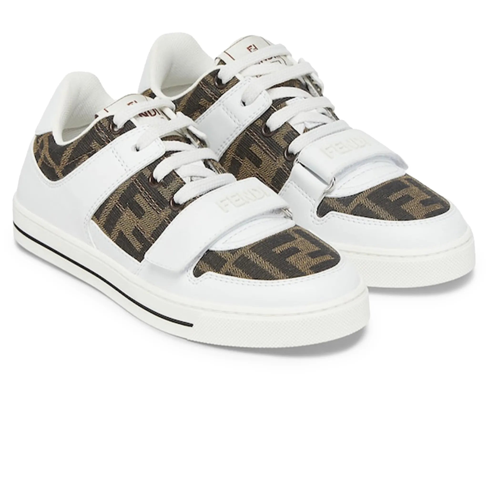 Front Side View of Fendi Kids Leather Jacquard Logo White Trainers FENS5093369275