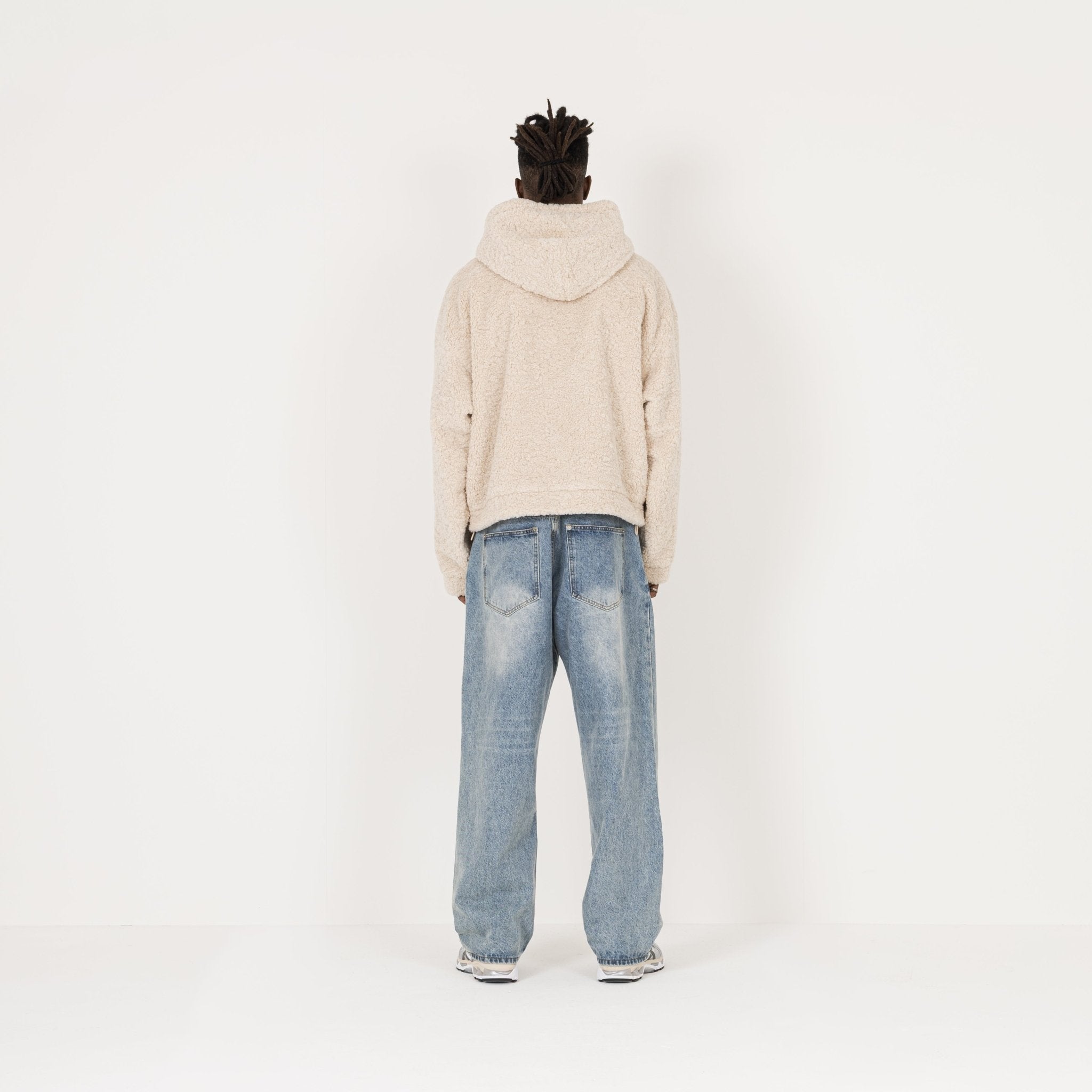 Model Back view of Destructive Fleece Zip Natural Jacket