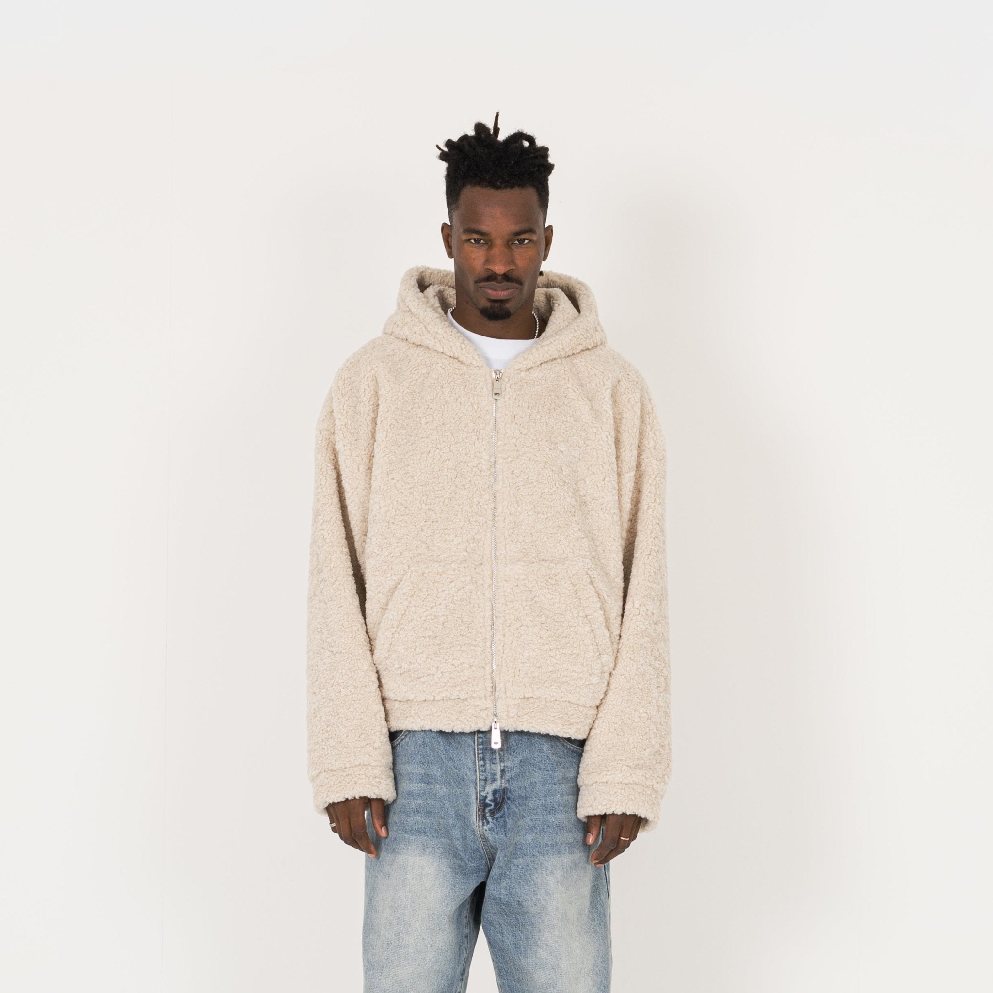 Model view of Destructive Fleece Zip Natural Jacket