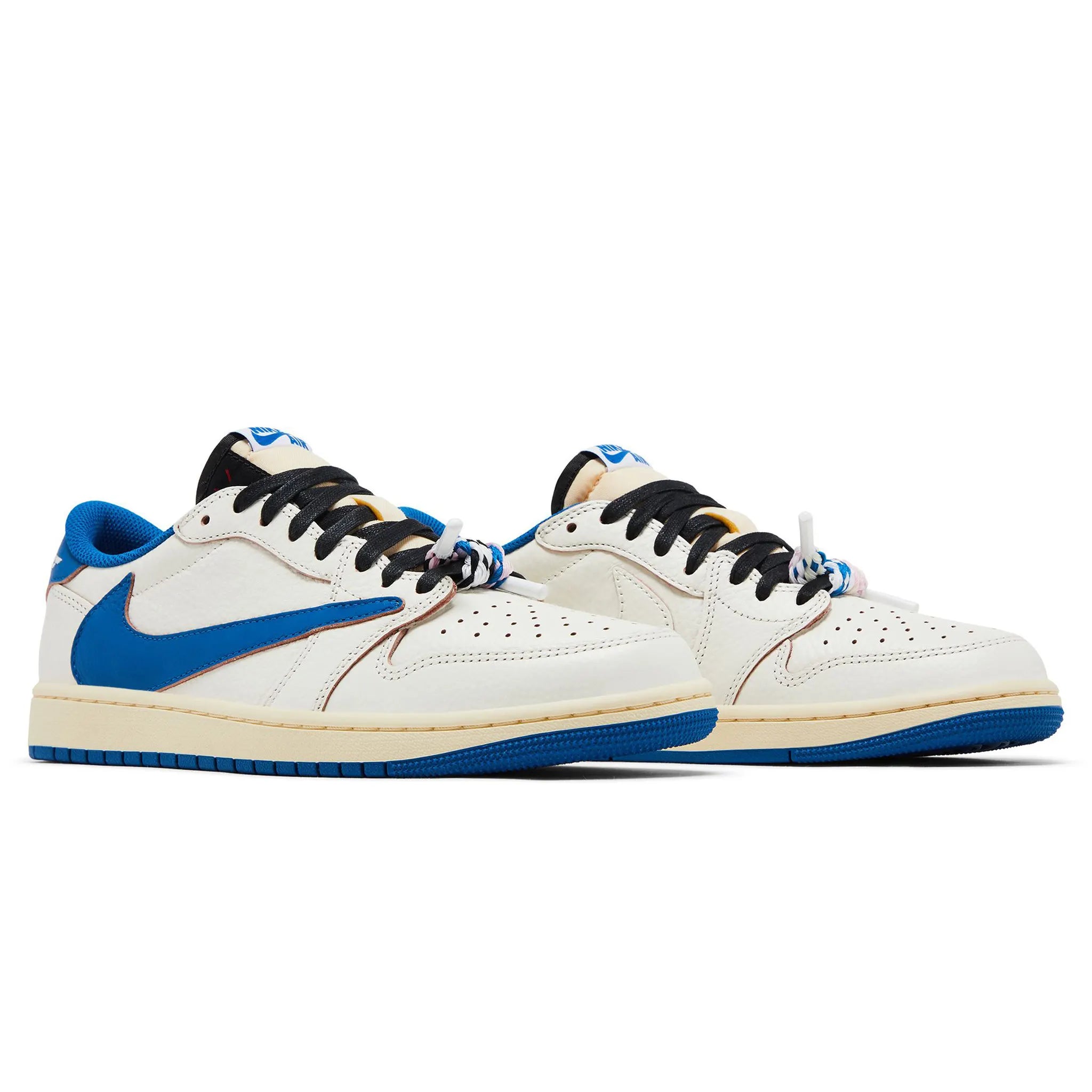 Front Side View of Fragment Design x Travis Scott x Air Jordan 1 Low OG White Blue DM7866-104