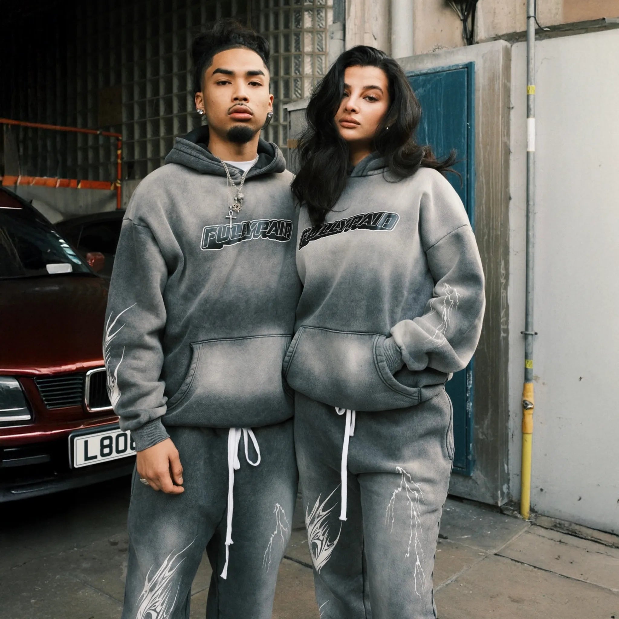 Model View of Fully Paid Acid Wash Grey Hoodie