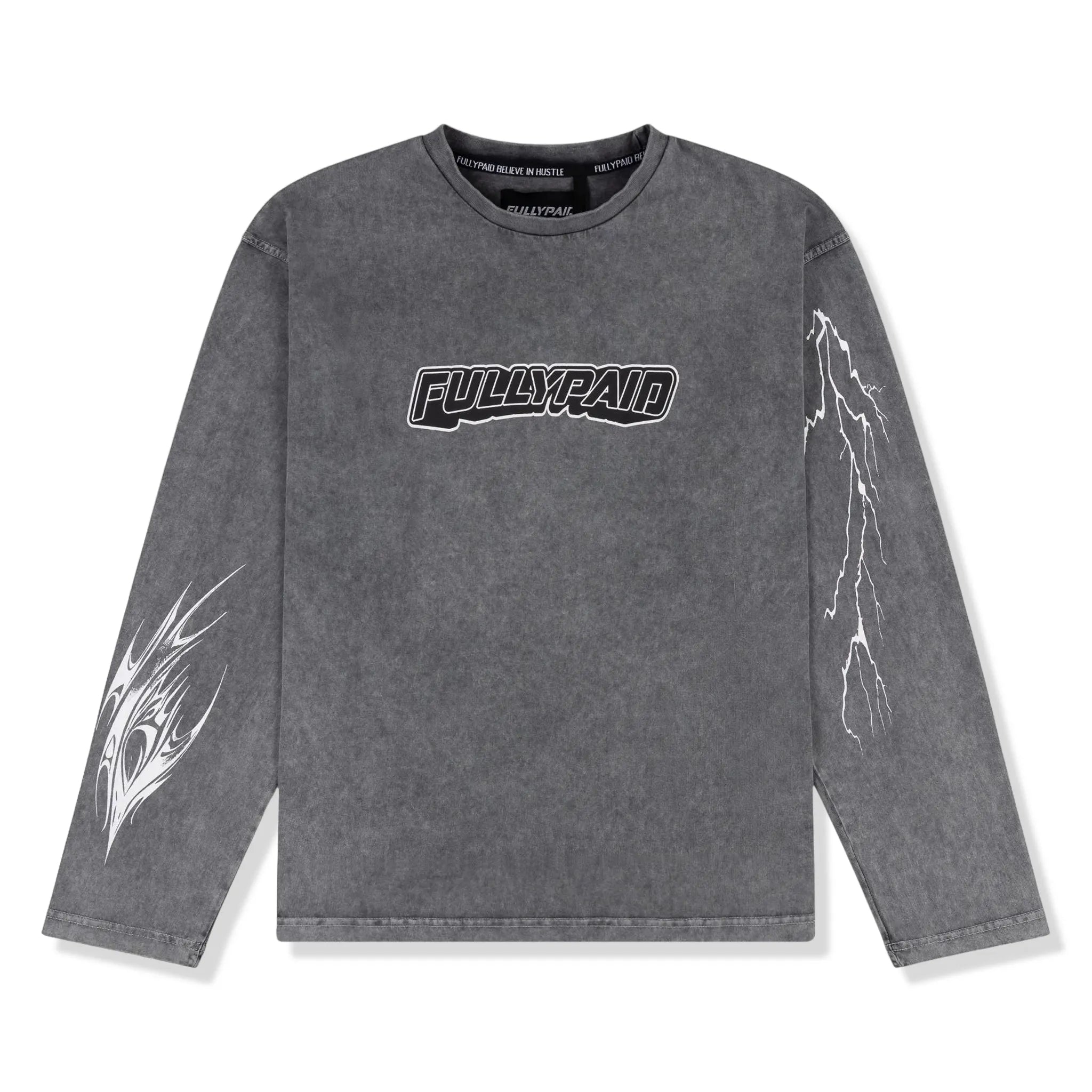 Front View of Fully Paid Acid Wash L/S Grey T Shirt