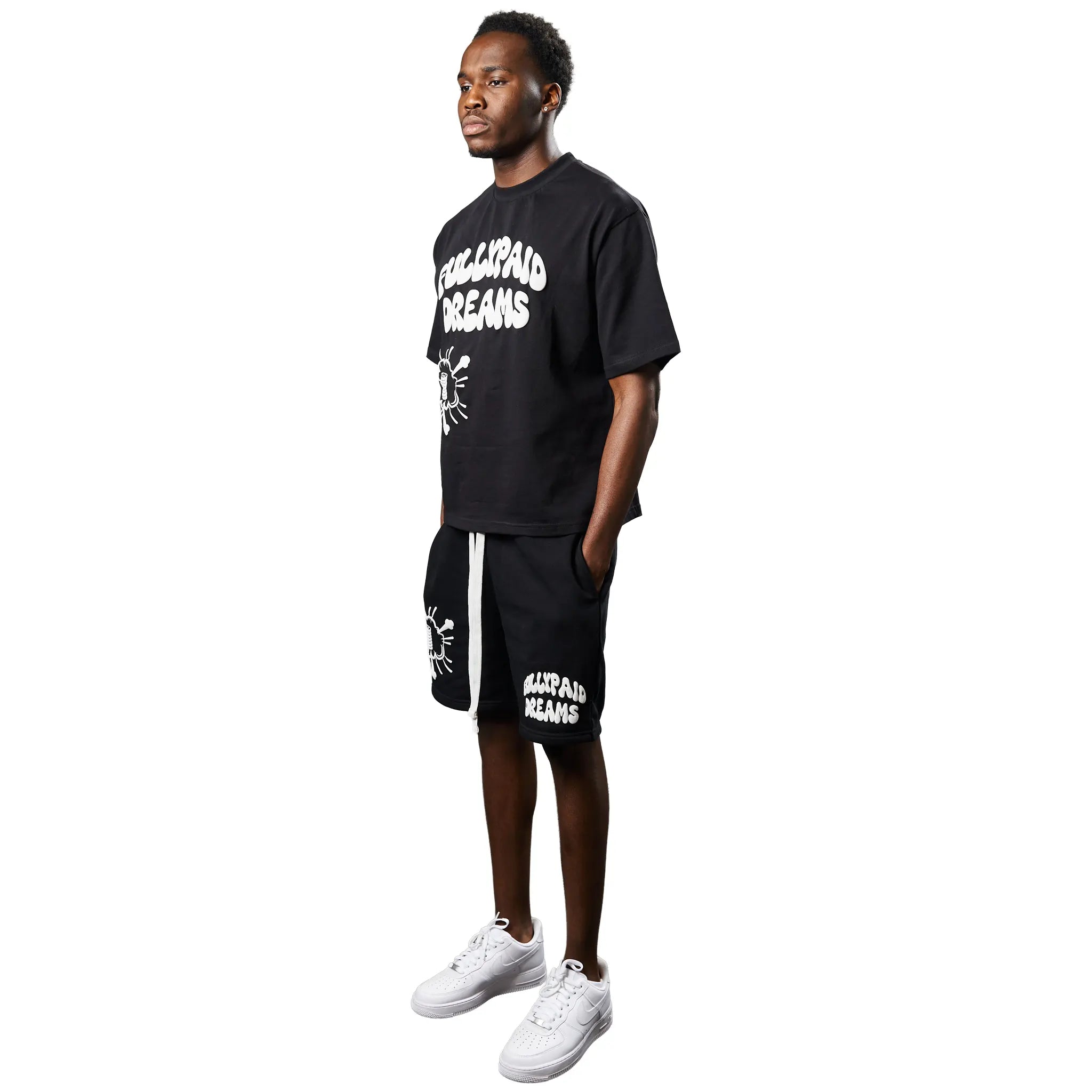 Front Side View of Fully Paid Dreams Black White Shorts