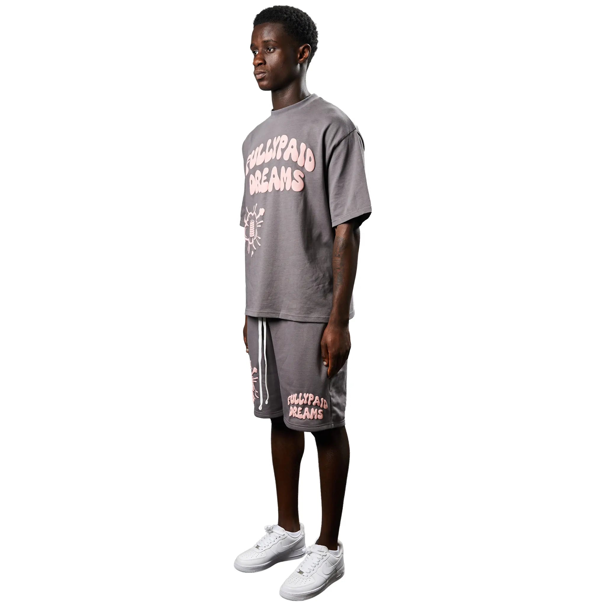 Model View of Fully Paid Dreams Charcoal Grey Pink Shorts