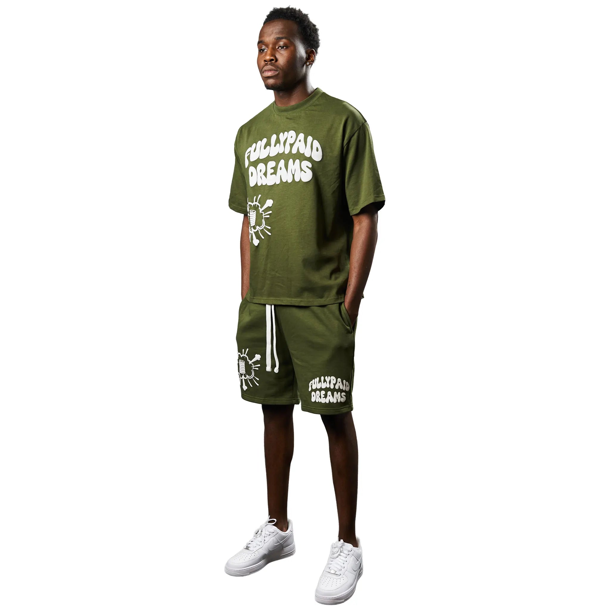 Model View of Fully Paid Dreams Khaki Oversized T-Shirt