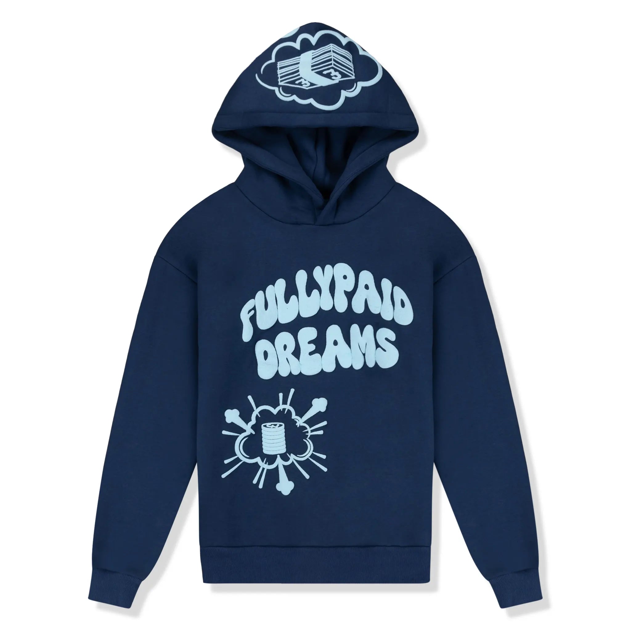 Front view of Fully Paid Dreams Navy Sky Blue Hoodie