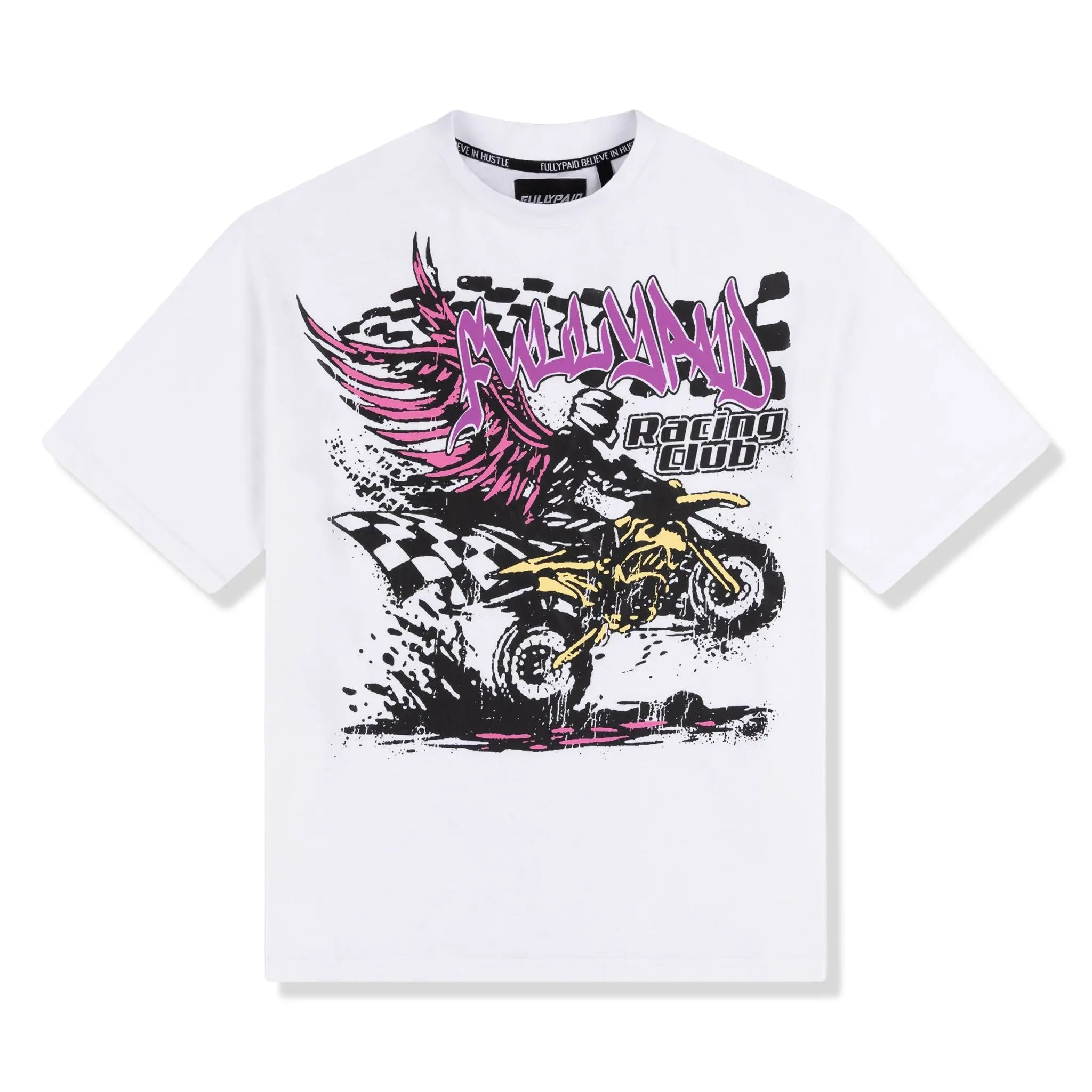 Front View of Fully Paid Racing Club White Purple T-Shirt