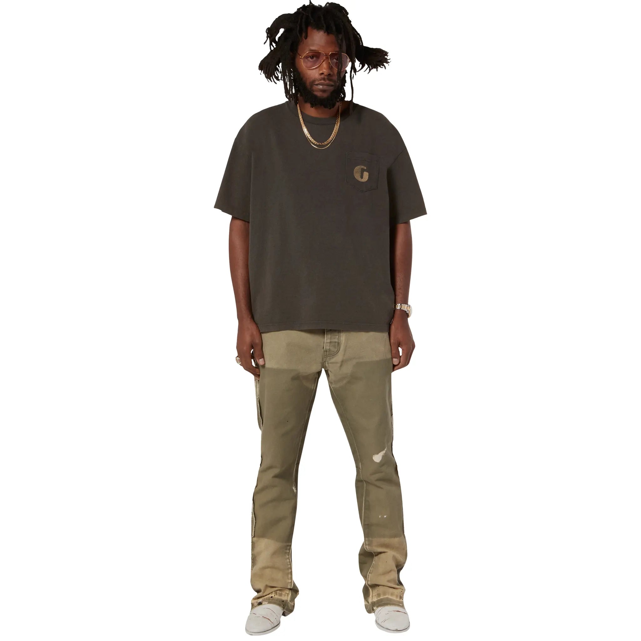 Model full view of Gallery Dept. LA Carpenter Moss Flared Pants