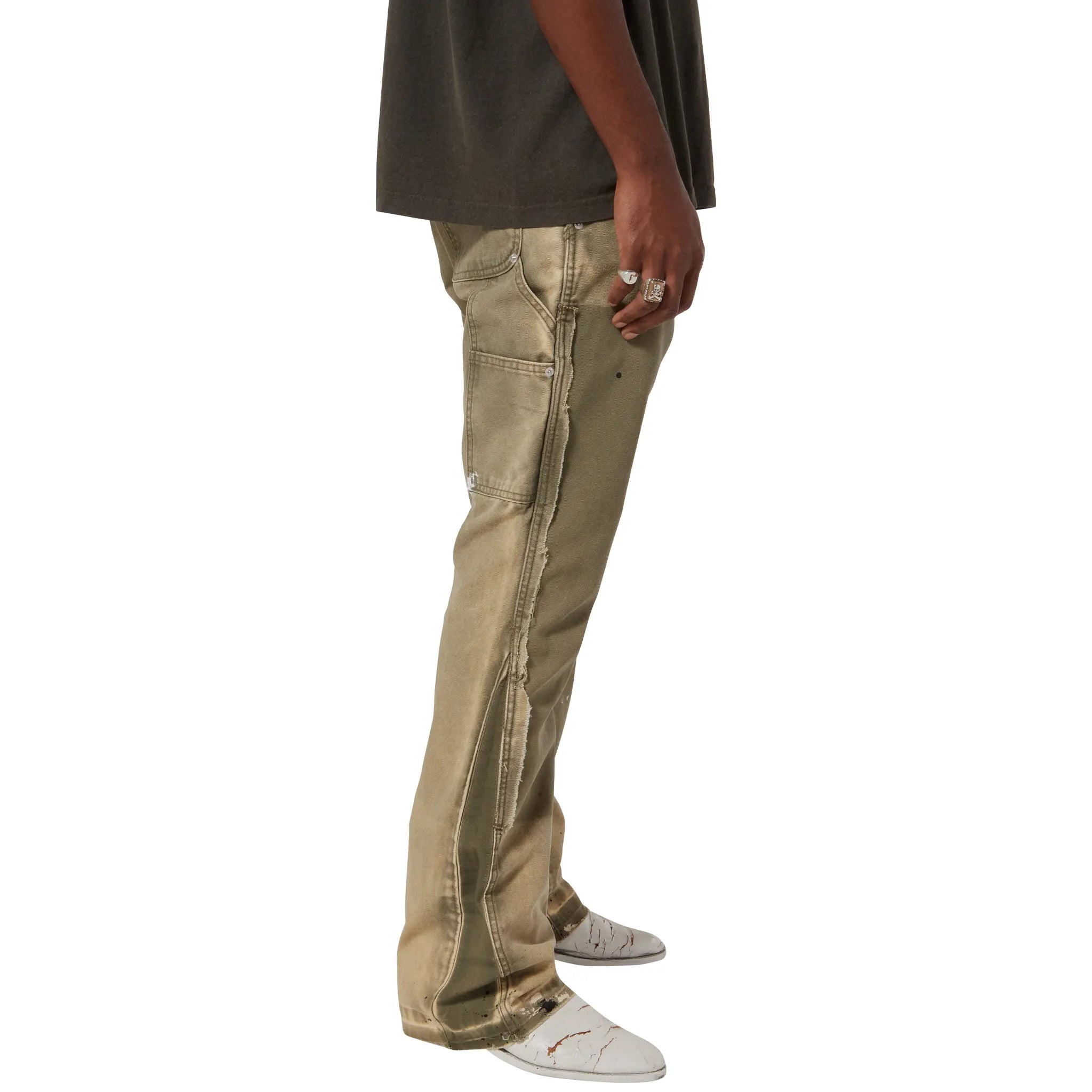 Model side view of Gallery Dept. LA Carpenter Moss Flared Pants