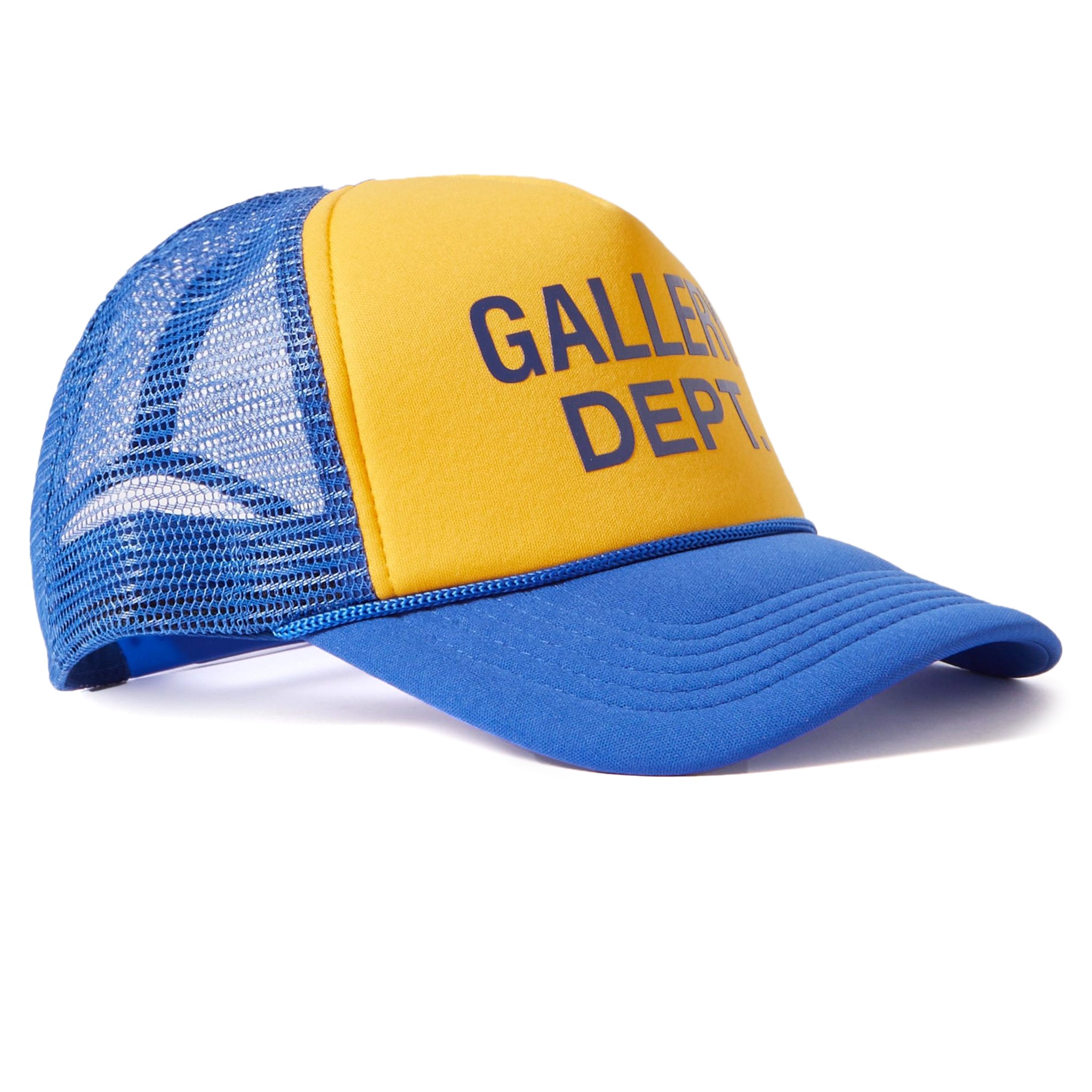 Front view of Gallery Dept. Logo Two-Tone Trucker Cap Hut Blue Yellow TC-9145