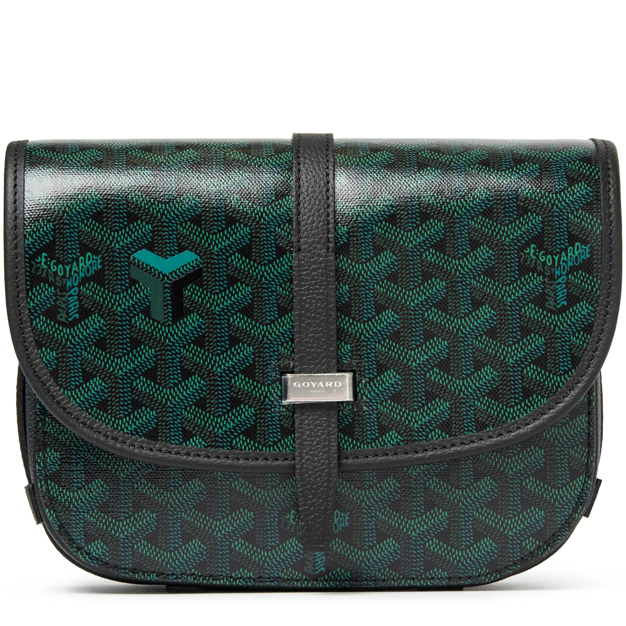 Front View of Goyard Belvedere PM Evergreen Messenger Bag BELVE3PMLTY79CG79P