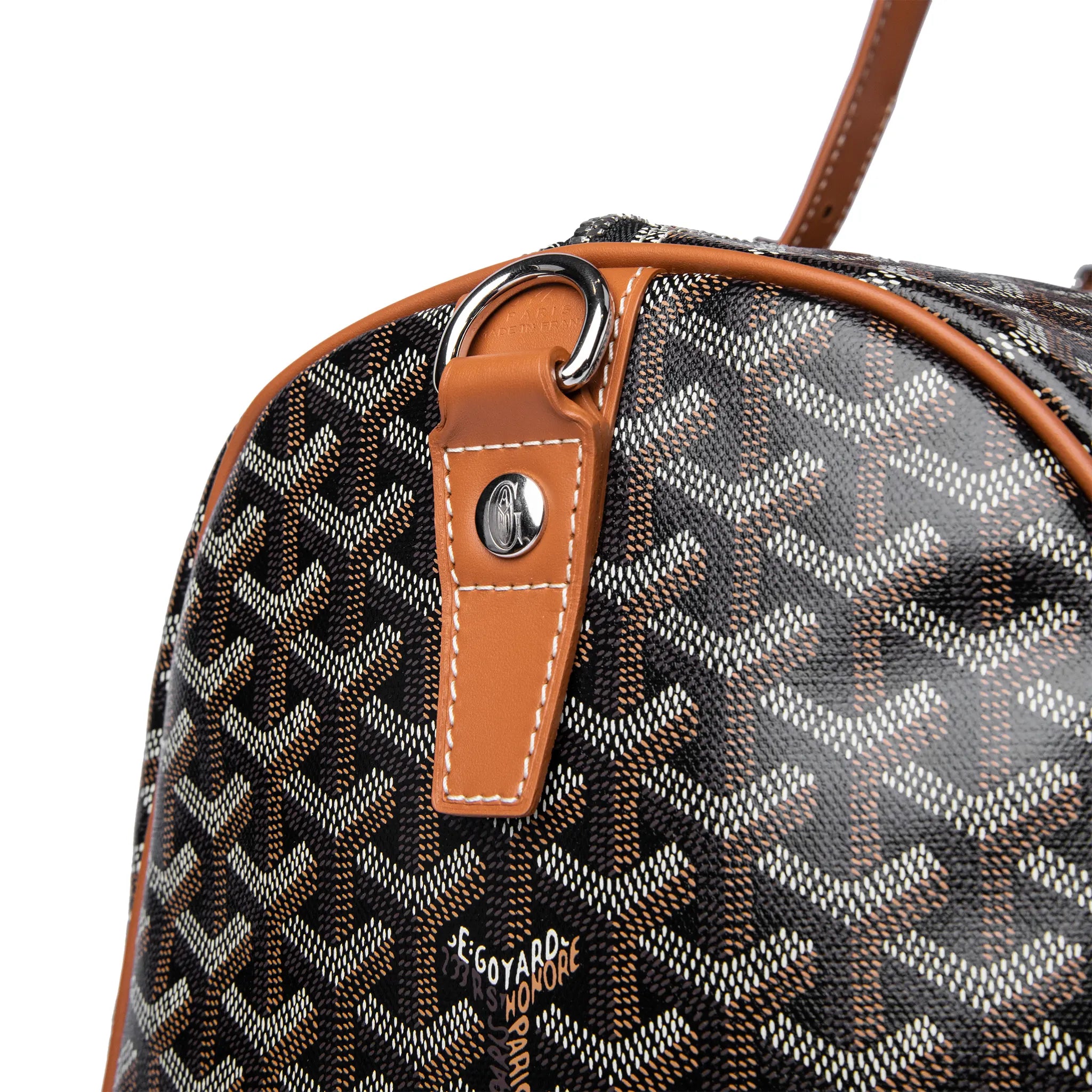 Side detail view of Goyard Boston 50 Black Tan Bag With Strap