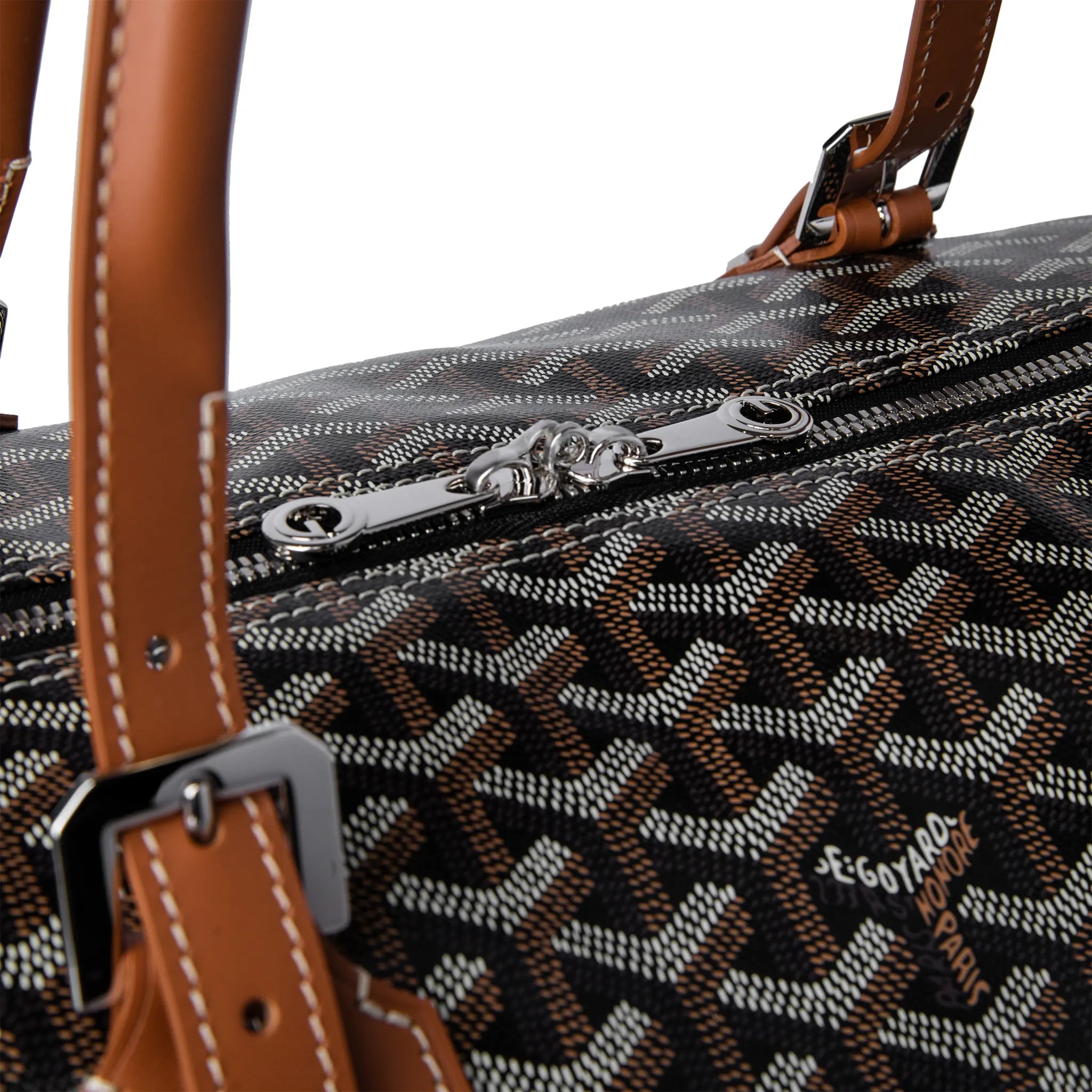 Zip detail view of Goyard Boston 50 Black Tan Bag With Strap