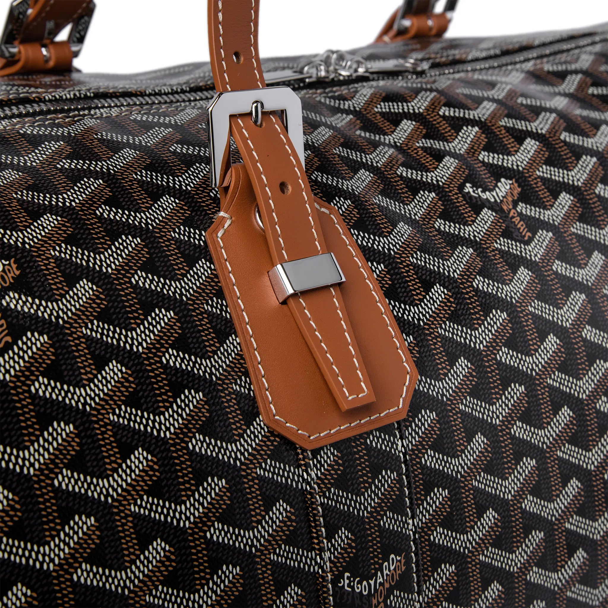 Detail view of Goyard Boston 50 Black Tan Bag With Strap