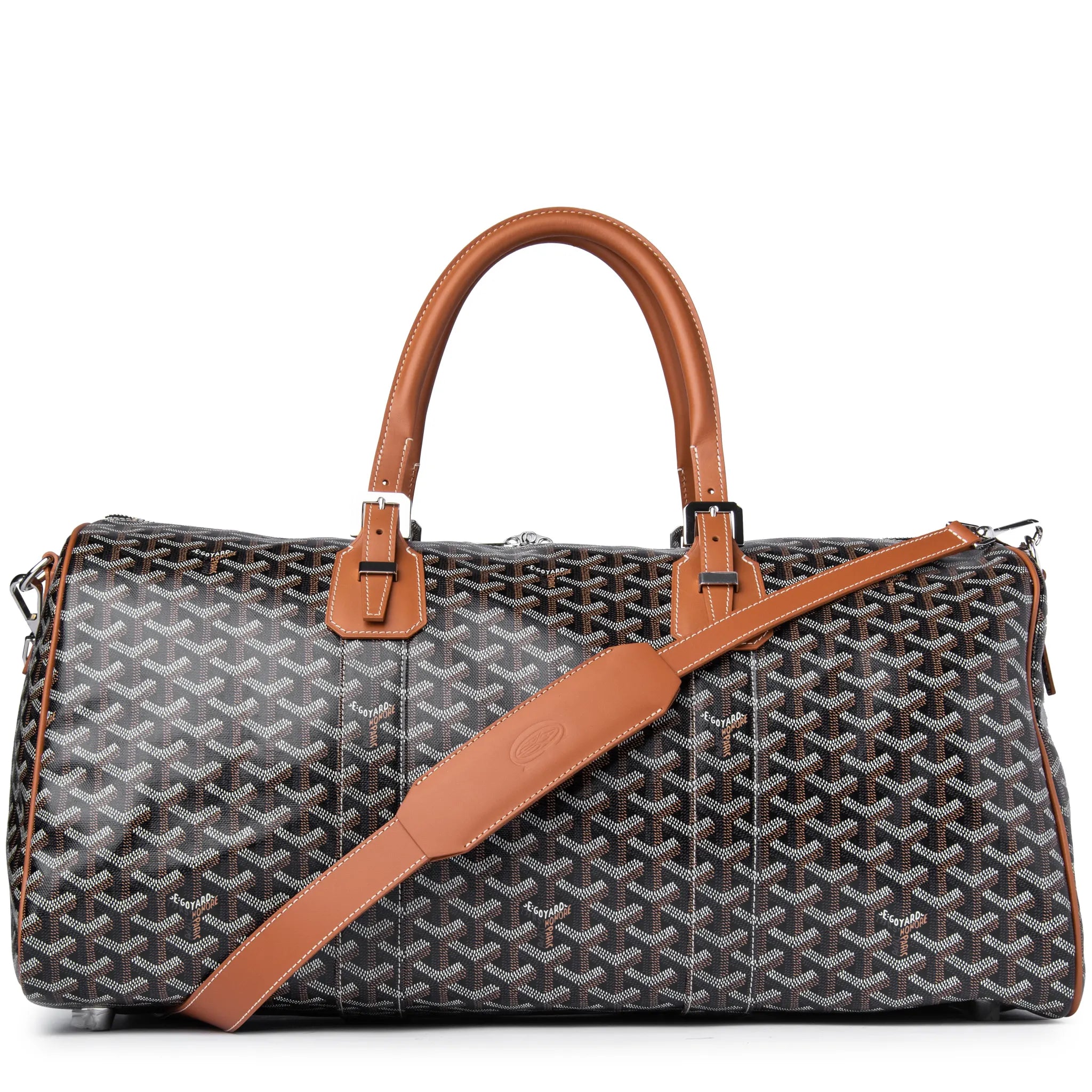 Front view of Goyard Boston 50 Black Tan Bag With Strap