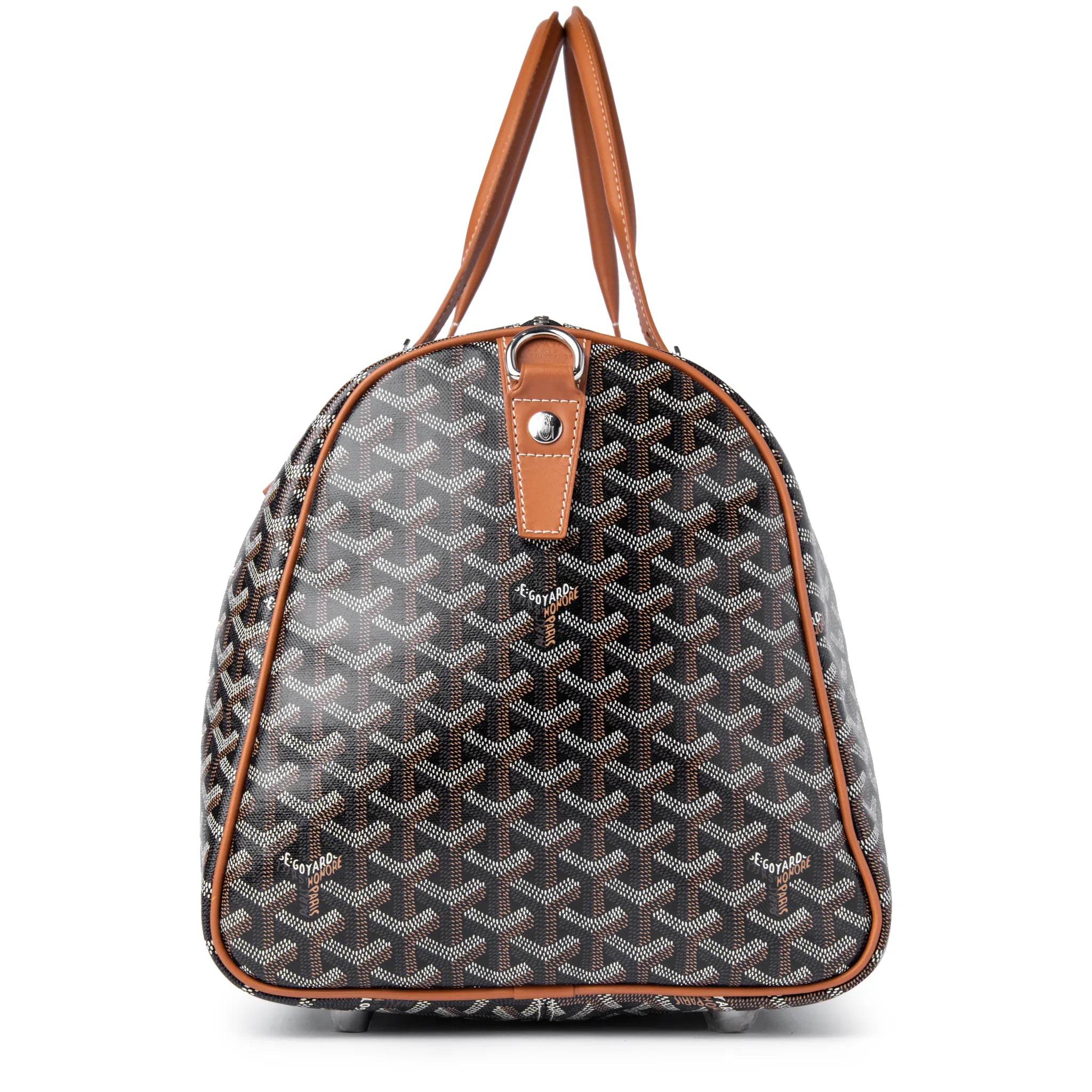 Side view of Goyard Boston 50 Black Tan Bag With Strap
