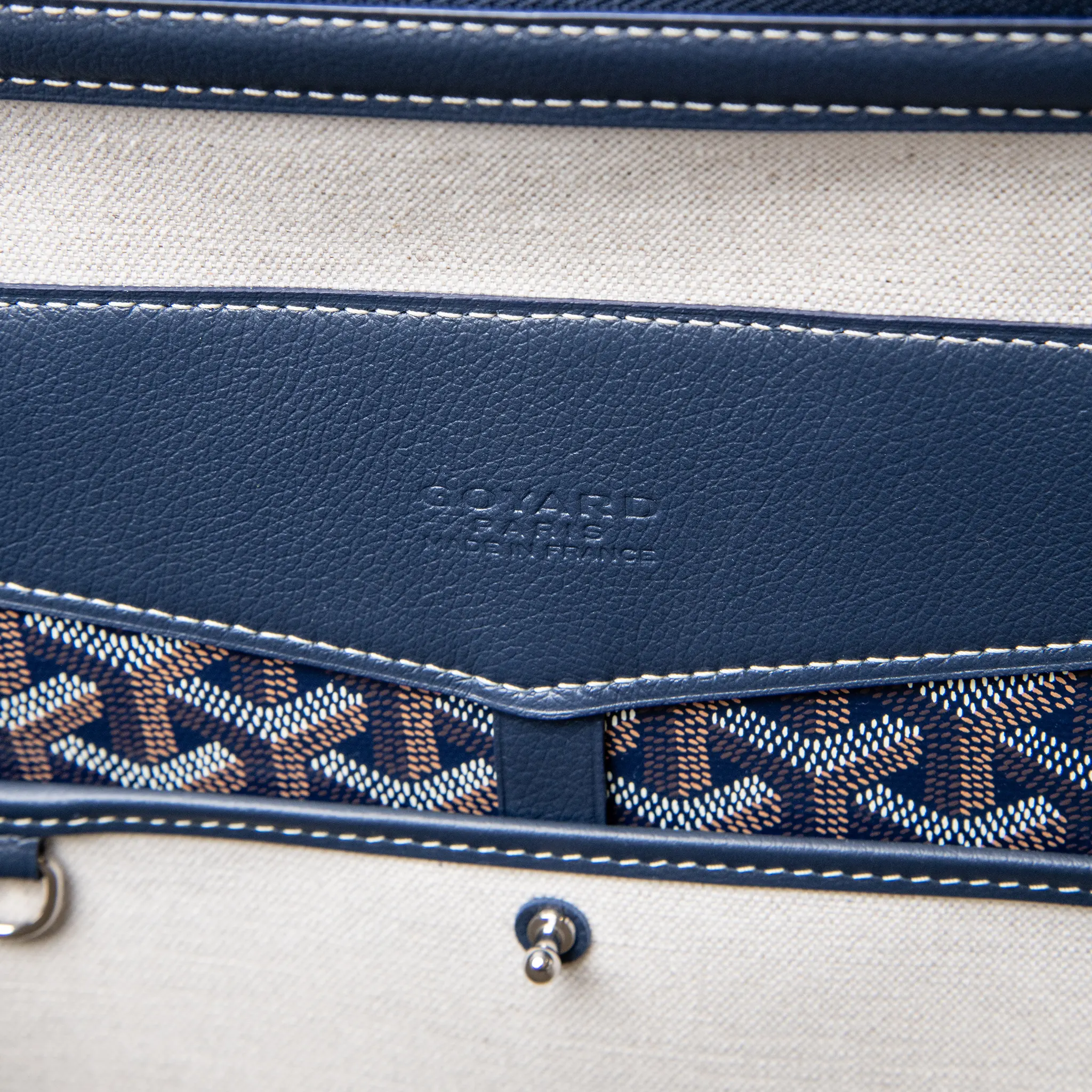 Inside Logo View of Goyard Navy Blue Cisalpin Backpack CISALPMMLTY12CL12P