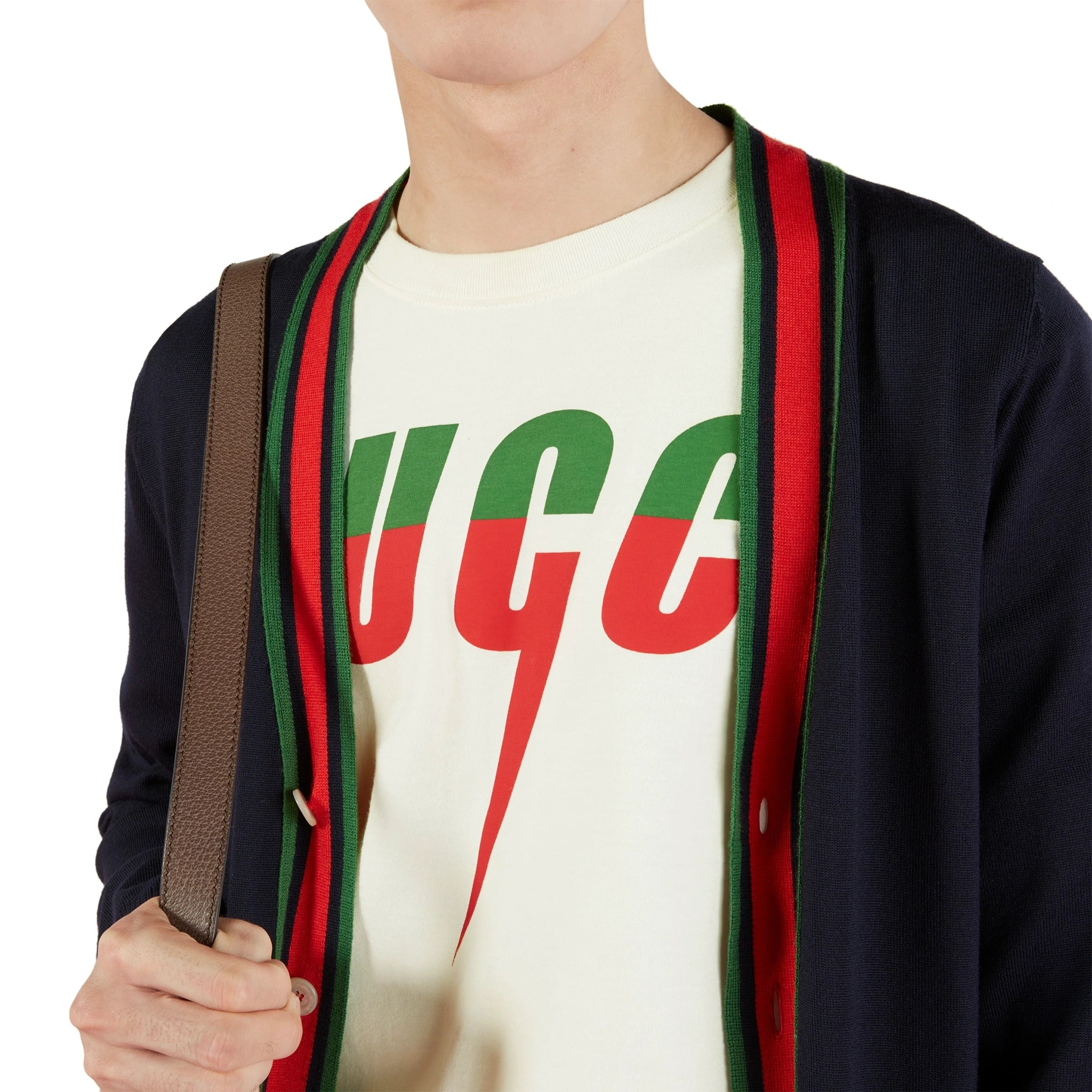 Detail front view of Gucci Blade Print White T Shirt 565806 XJAZY 9037