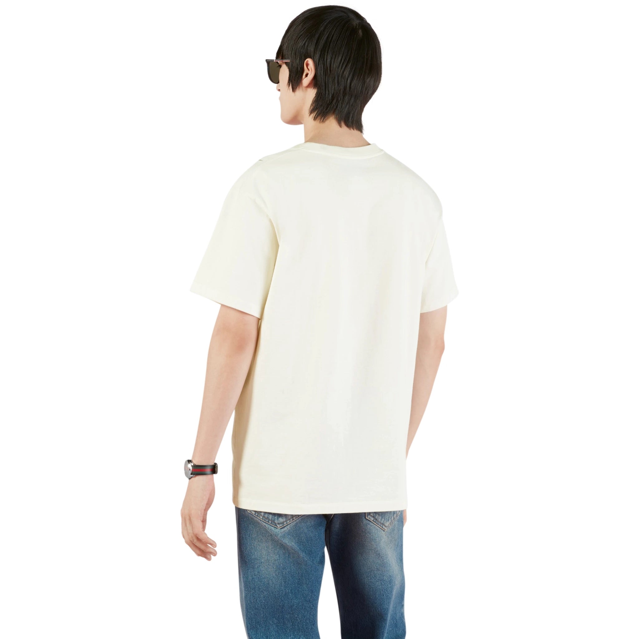 Model back view of Gucci Blade Print White T Shirt 565806 XJAZY 9037