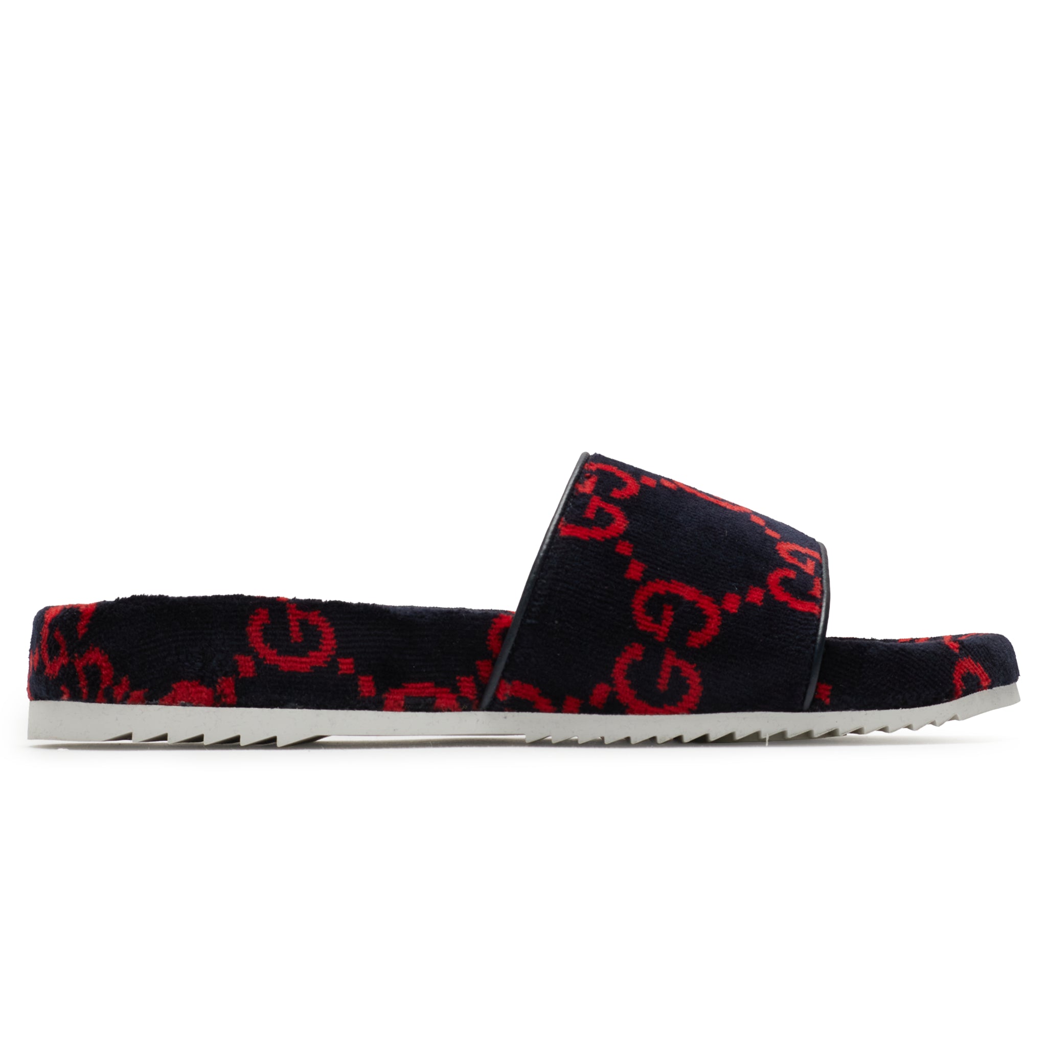Side View of Gucci GG Red Velvet Flat Slide Sandal