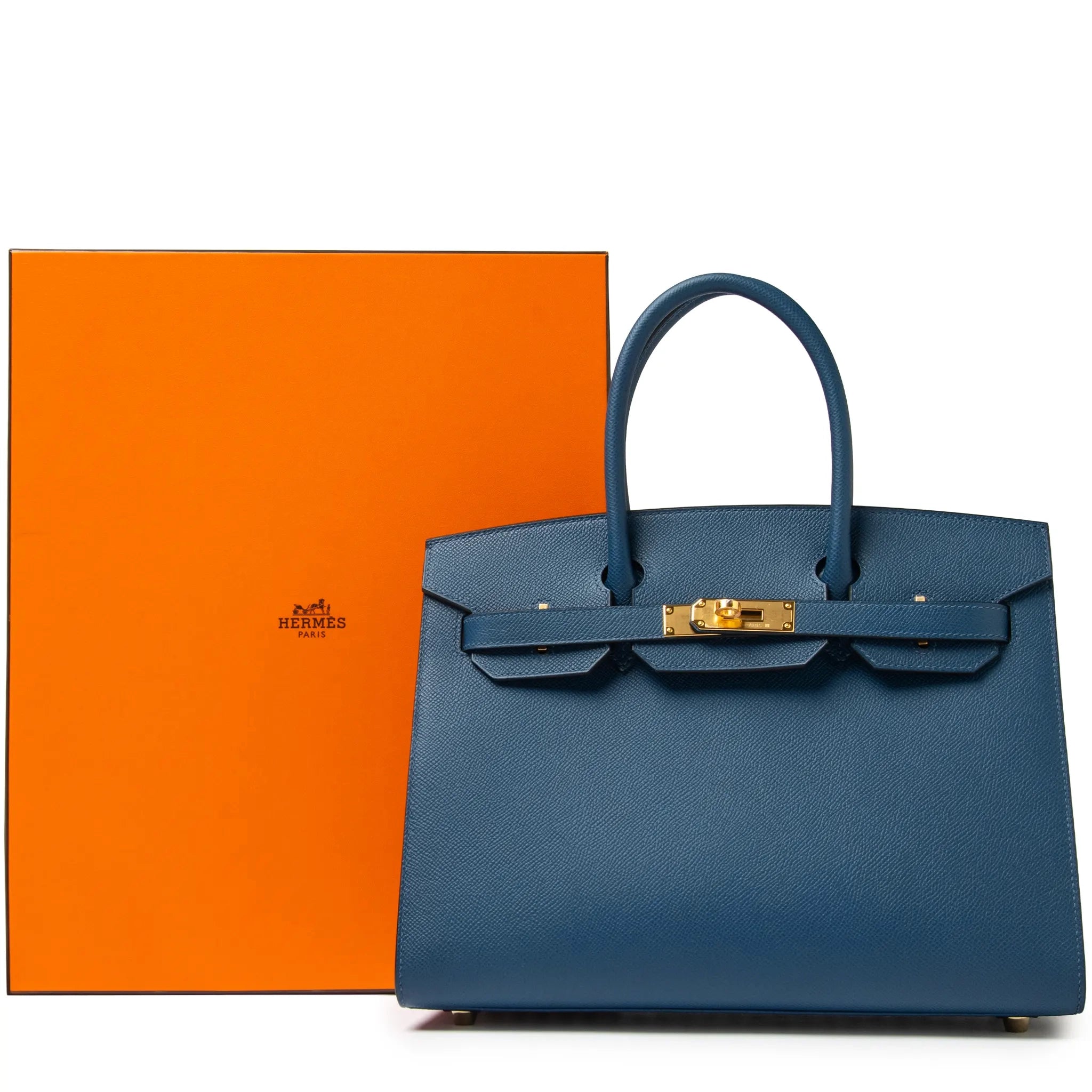Box With View of Hermès Birkin 30 Deep Blue Epsom Leather Gold Hardware LU1380225624872