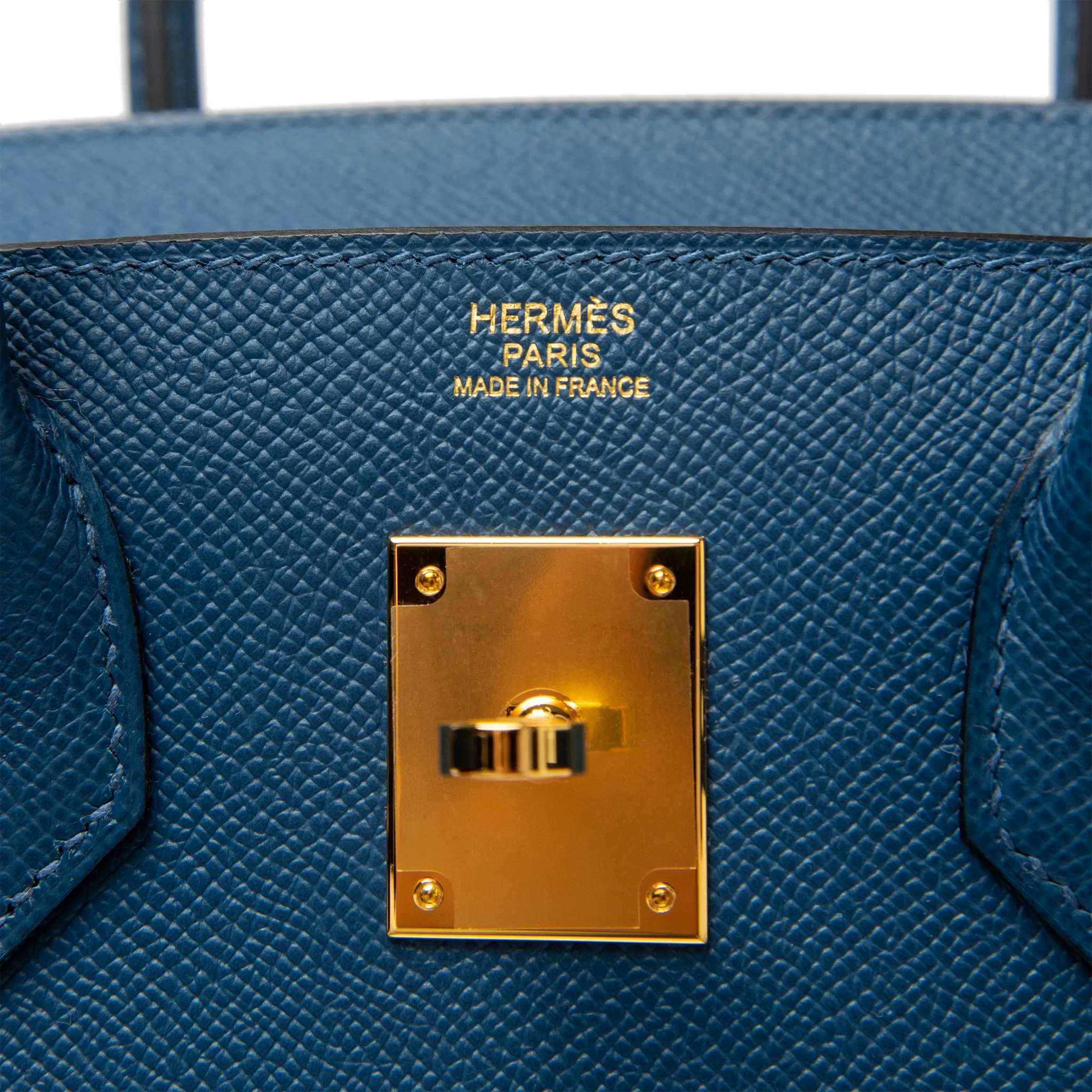 Deailed Logo View of Hermès Birkin 30 Deep Blue Epsom Leather Gold Hardware LU1380225624872