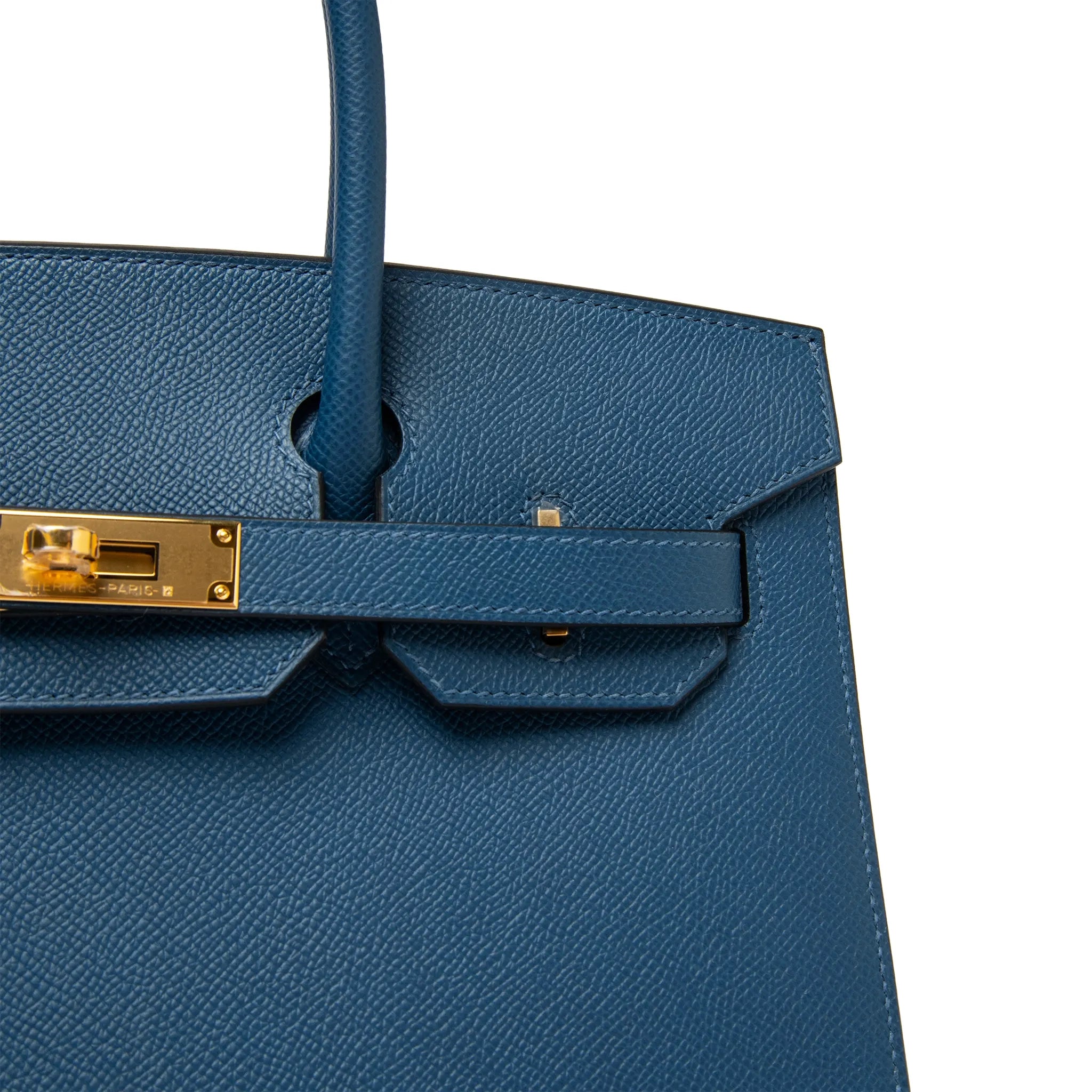Detailed Front View of Hermès Birkin 30 Deep Blue Epsom Leather Gold Hardware LU1380225624872