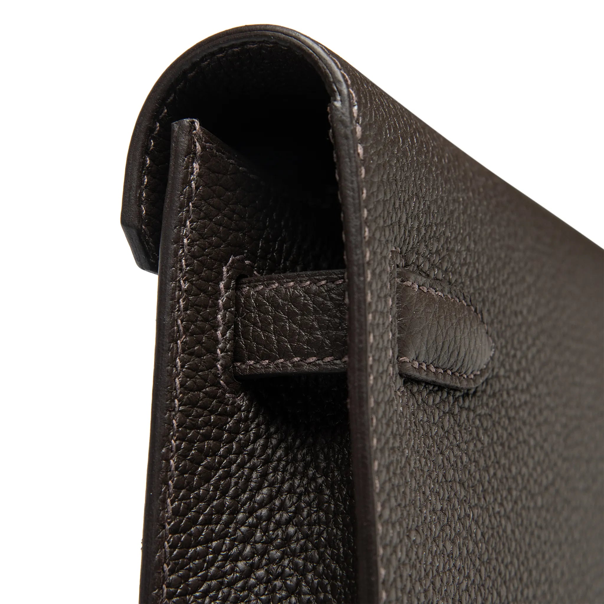 Side View of Hermes Kelly Depeches 25 Negonda Calfskin Bai Brun Palladium Hardware