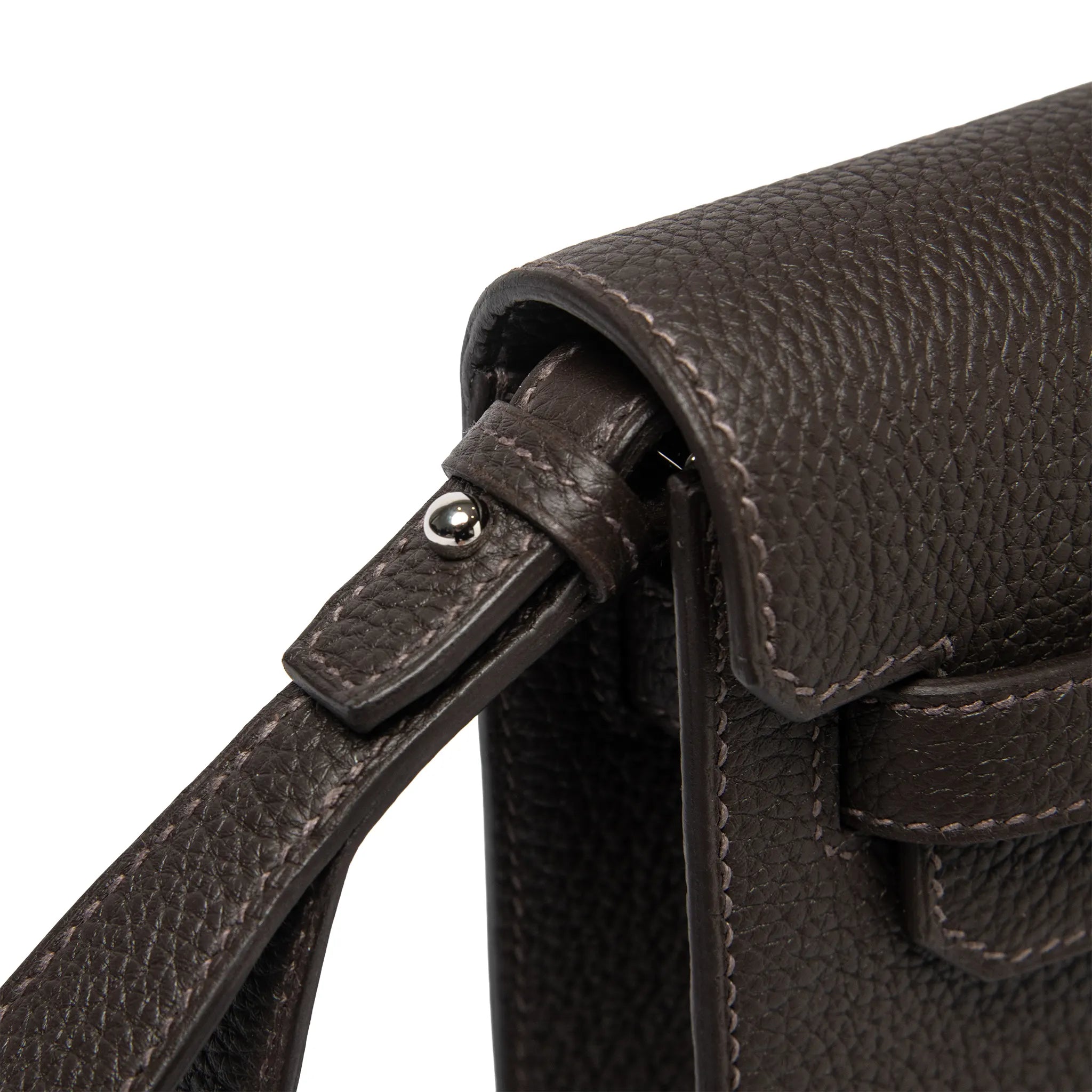 Detailed View of Hermes Kelly Depeches 25 Negonda Calfskin Bai Brun Palladium Hardware