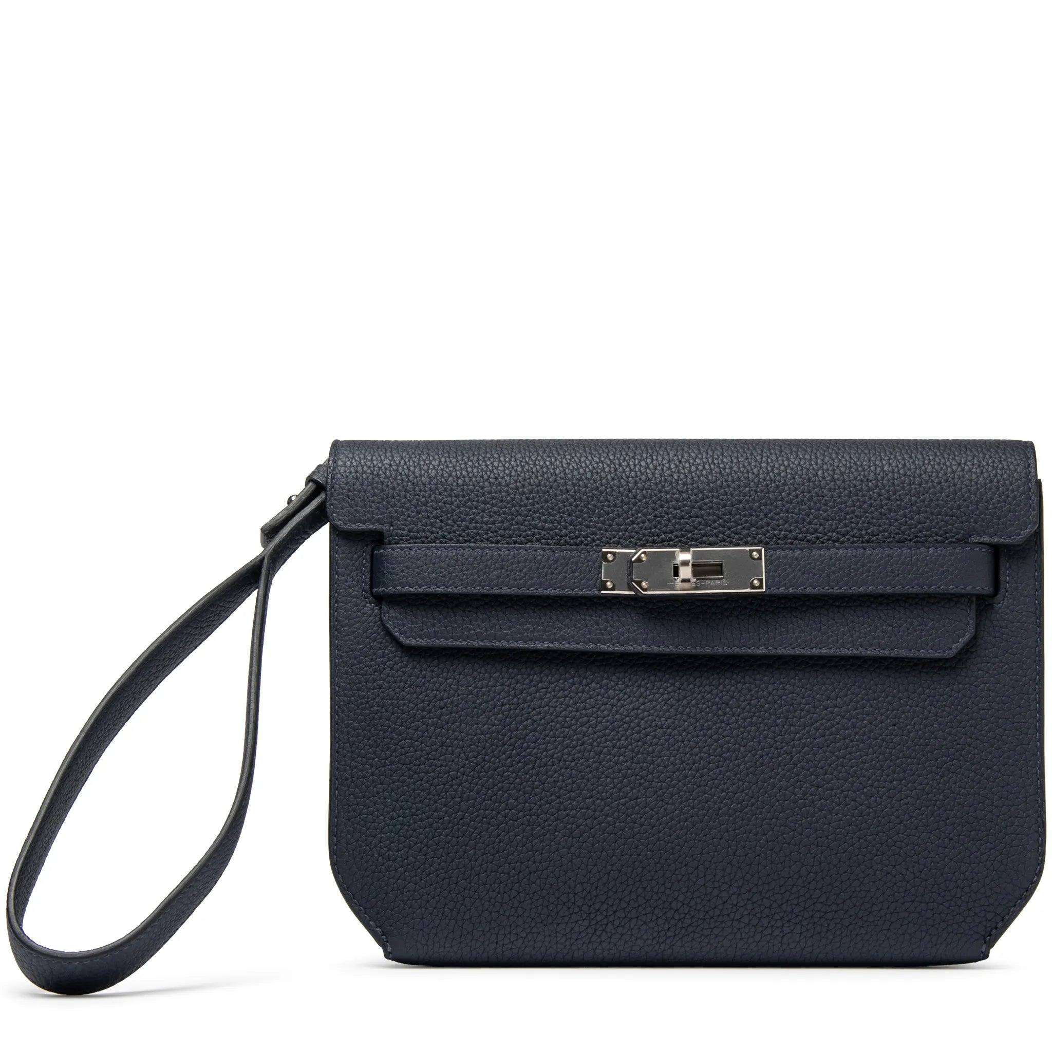 Front View of Hermes Kelly Depeches 25 Togo Calfskin Blue Nuit Palladium Hardware