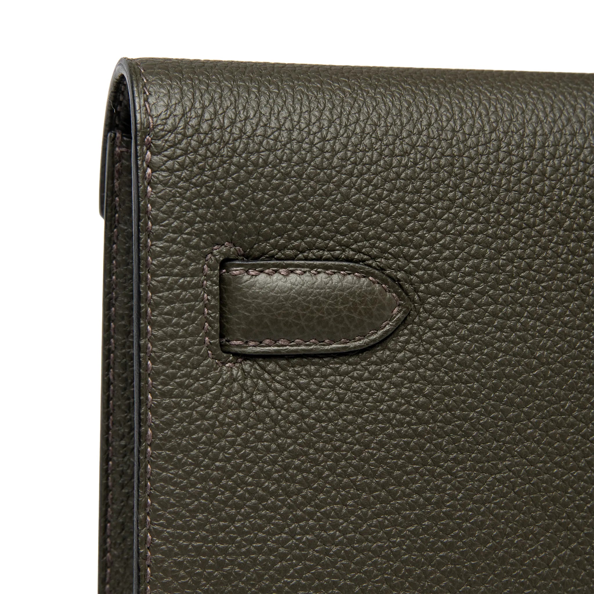 Detailed Back View of Hermes Kelly Depeches 25 Togo Calfskin Vert De Gris Palladium Hardware