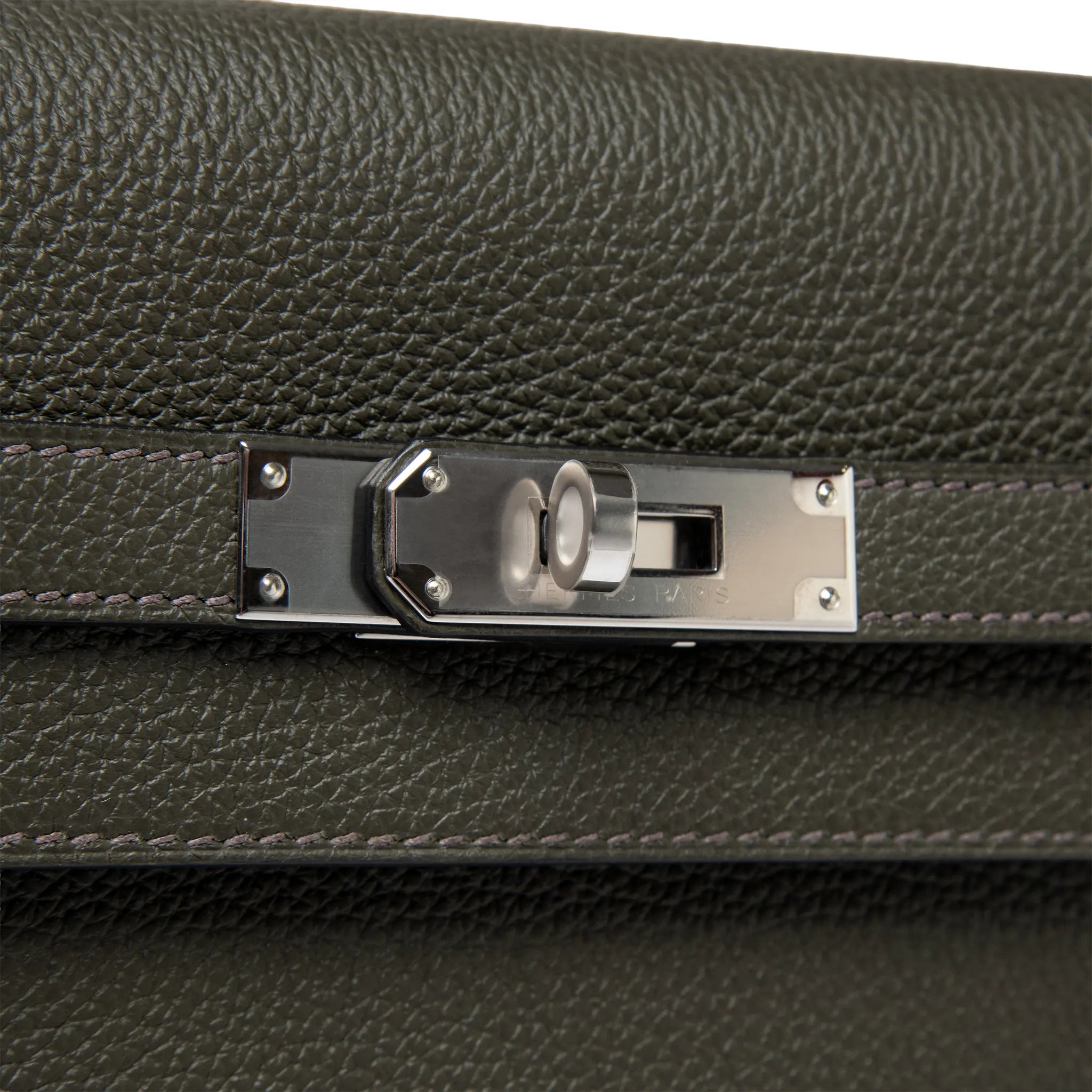 Detailed Lock View of Hermes Kelly Depeches 25 Togo Calfskin Vert De Gris Palladium Hardware