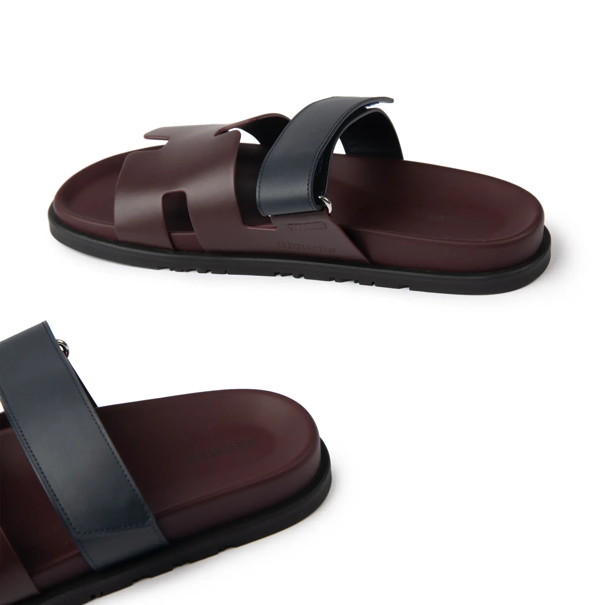 Detail view of Hermes Paris Chypre Calfskin Burgundy Sandals