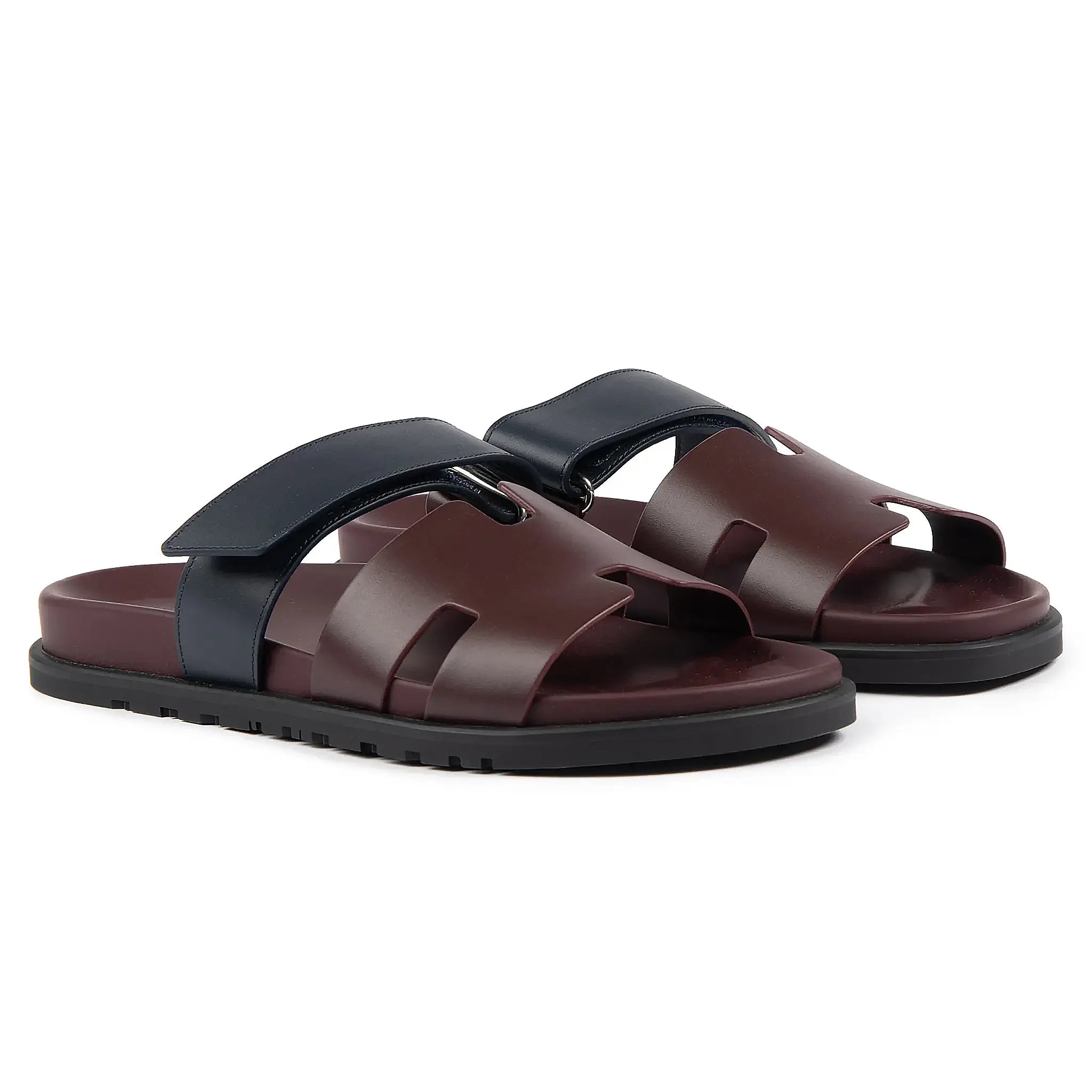 Front side view of Hermes Paris Chypre Calfskin Burgundy Sandals