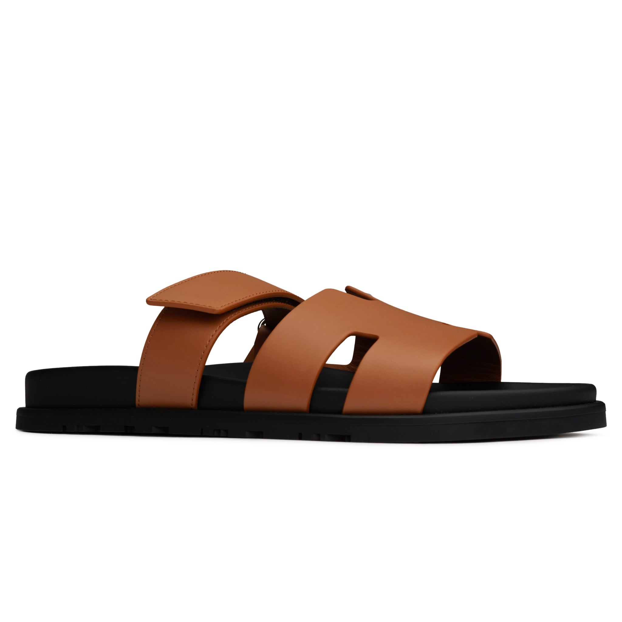 Front view of Hermes Paris Chypre Leather Brown Sandal